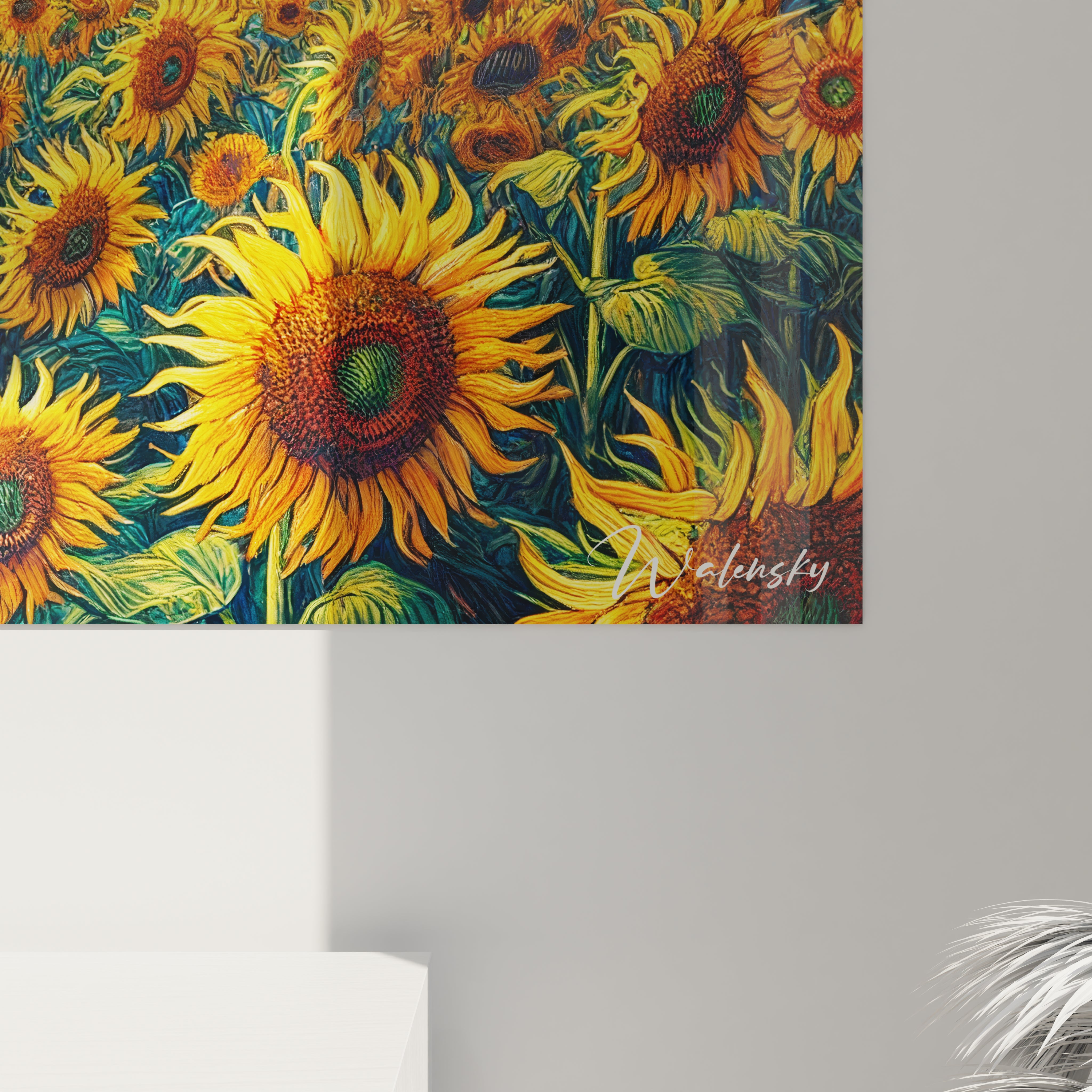 Un tableau Vincent Van Gogh représentant des tournesols et un ciel nocturne, avec des textures épaisses, des couleurs vibrantes comme le jaune et le bleu, et des spirales visibles dans le ciel.







