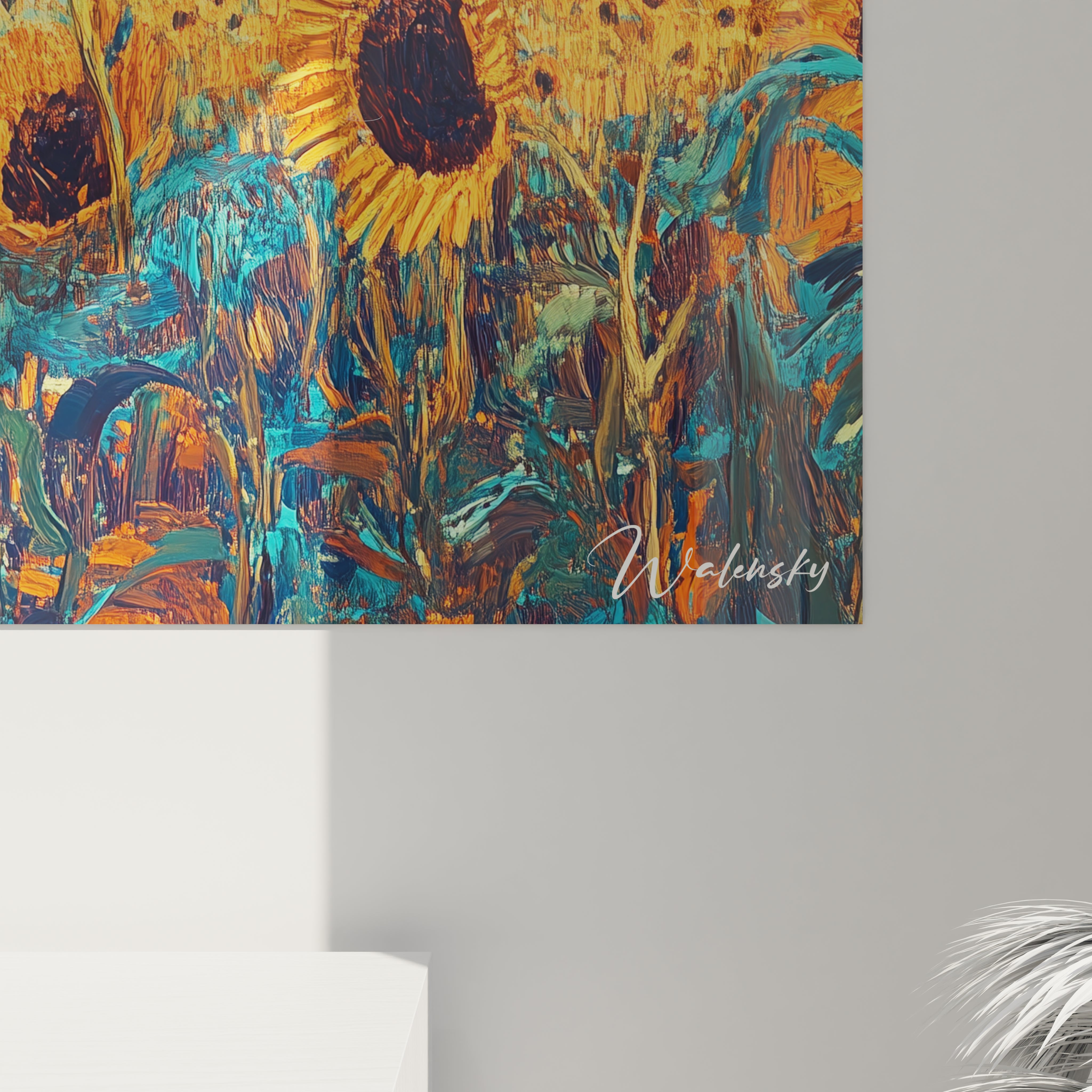 Un tableau Vincent Van Gogh illustrant un champ de tournesols texturés, combinant des couleurs vibrantes comme le jaune, le bleu et le vert, et des effets visuels de superposition de peinture.







