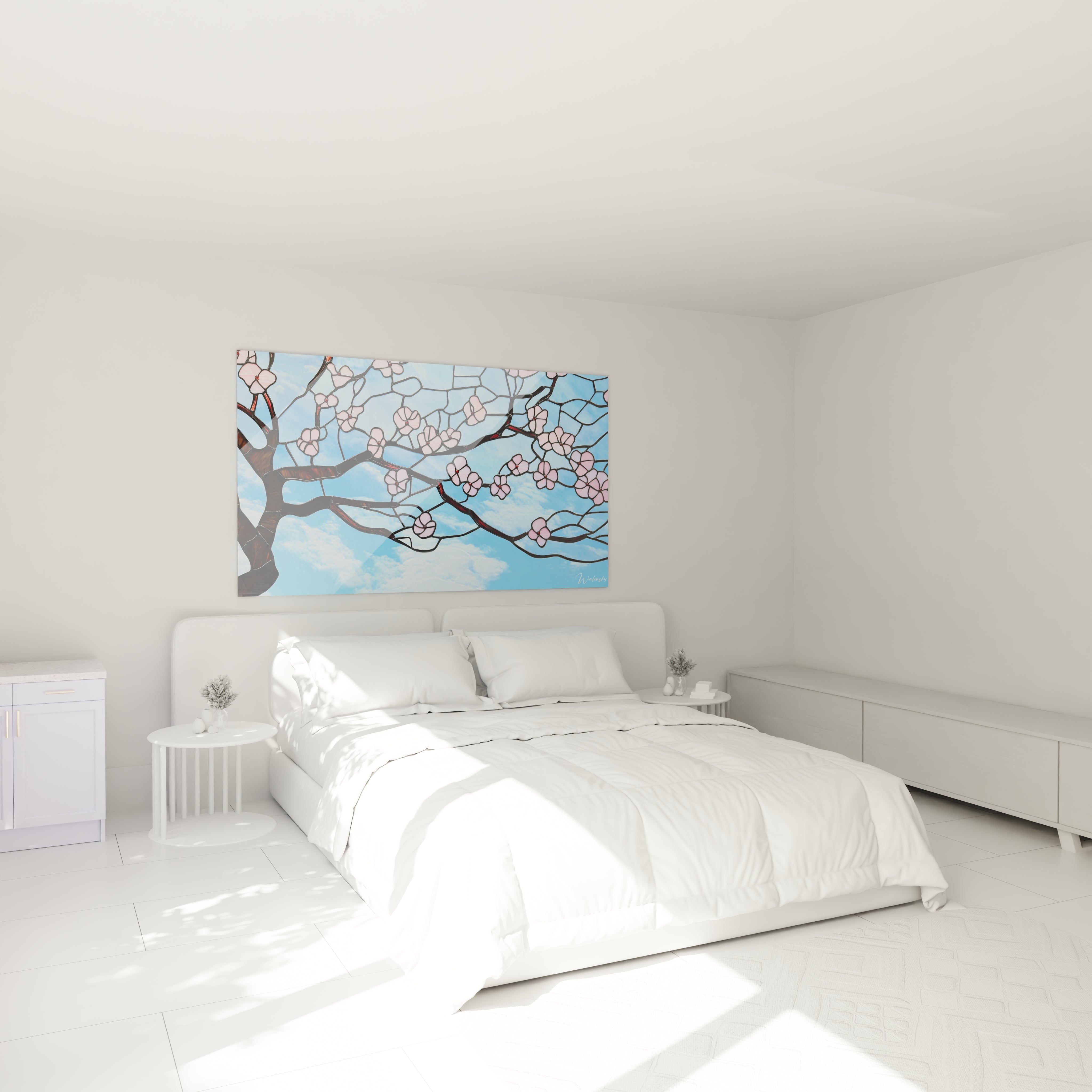 Un tableau artistique représentant un cerisier en floraison avec des branches marron foncé et des fleurs rose pâle, créé dans la technique du vitrail avec des sections délimitées par des lignes noires sur un fond bleu ciel texturé.
