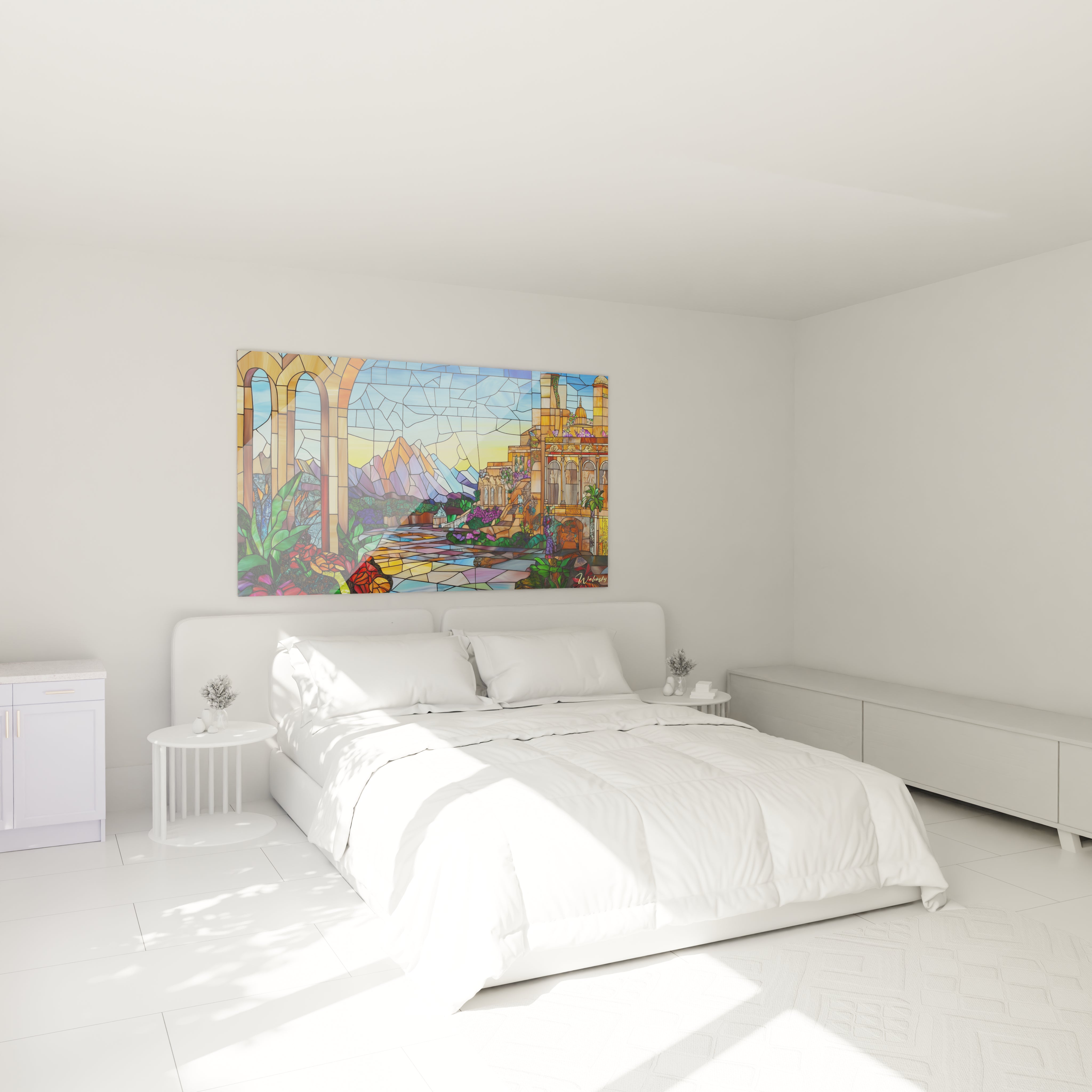 Un tableau vitraux d'inspiration orientale montrant une architecture palatiale, des jardins florissants et des montagnes aux couleurs vives sur fond de ciel bleu dégradé, créant une mosaïque lumineuse où chaque fragment coloré contribue à l'illusion d'une scène baignée de lumière traversant du verre.
