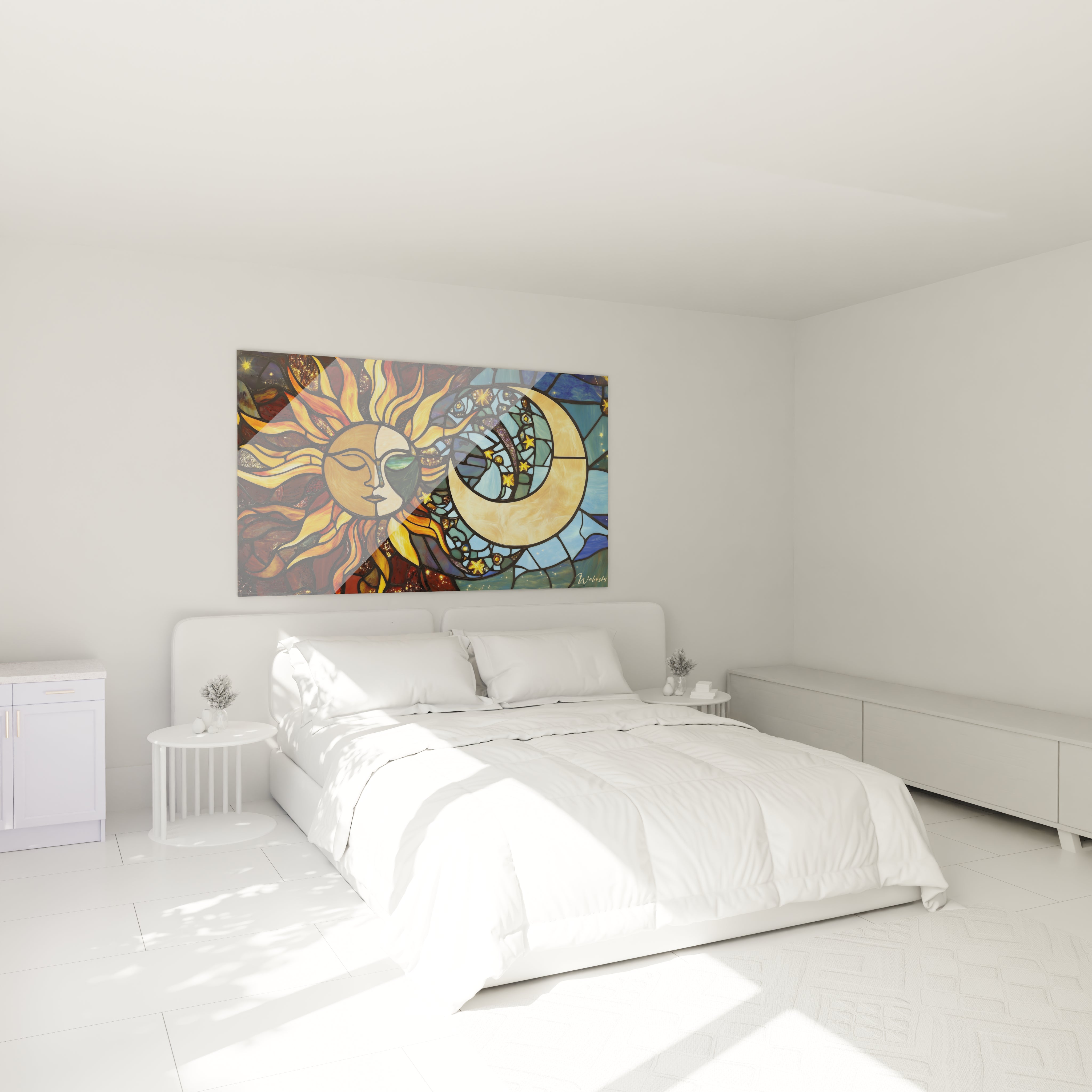 Un tableau vitraux cosmique montrant la dualité jour-nuit, composé de sections colorées délimitées par des lignes noires, où le soleil aux tons or et orange fusionne avec un croissant lunaire bleuté, créant un effet de mosaïque lumineuse et scintillante.
