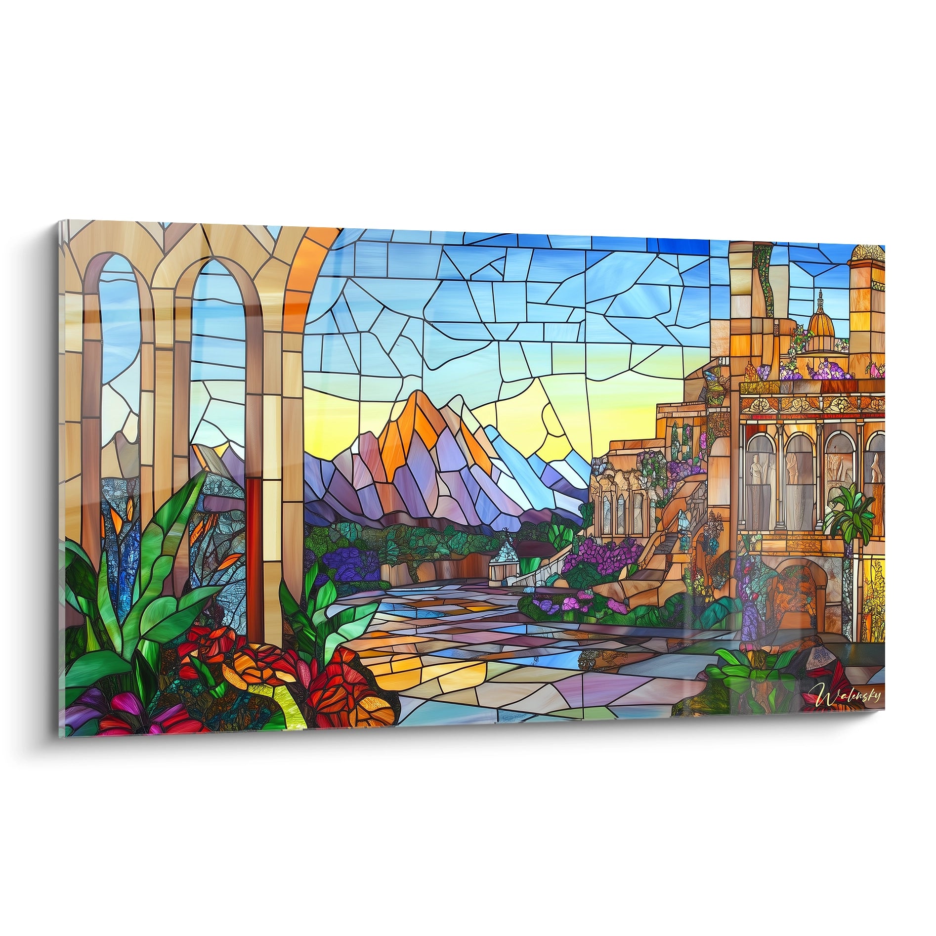 Un tableau vitraux représentant un paysage oriental avec des arches monumentales, un palais détaillé, des montagnes multicolores et une végétation luxuriante, le tout composé de segments colorés délimités par des lignes noires imitant le plomb des vitraux traditionnels.
