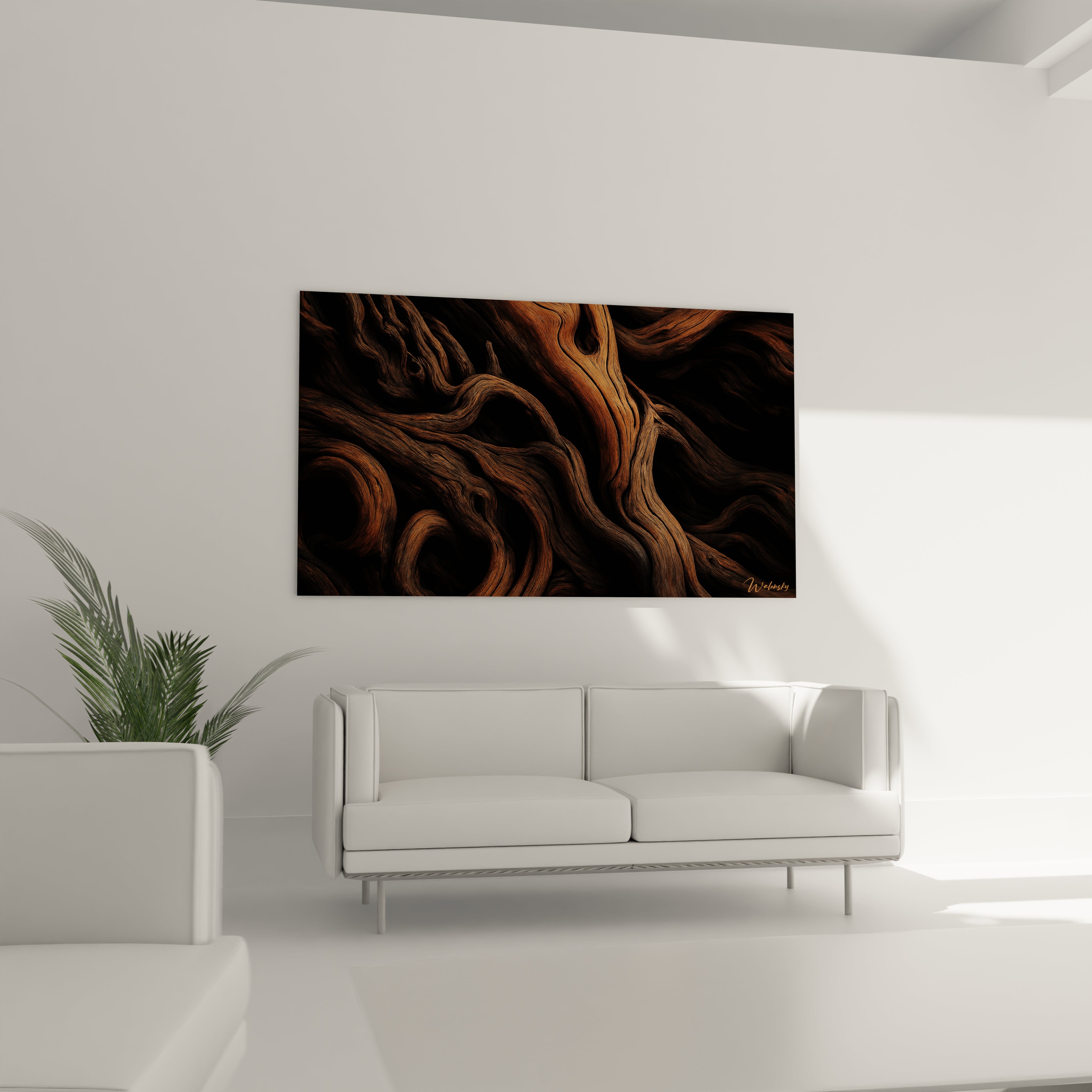 Un tableau bois naturel composé d'éléments courbes qui s'entrecroisent harmonieusement. La palette chromatique allant du caramel au brun foncé crée une profondeur visuelle saisissante, tandis que les nervures naturelles accentuent l'effet de mouvement figé.

