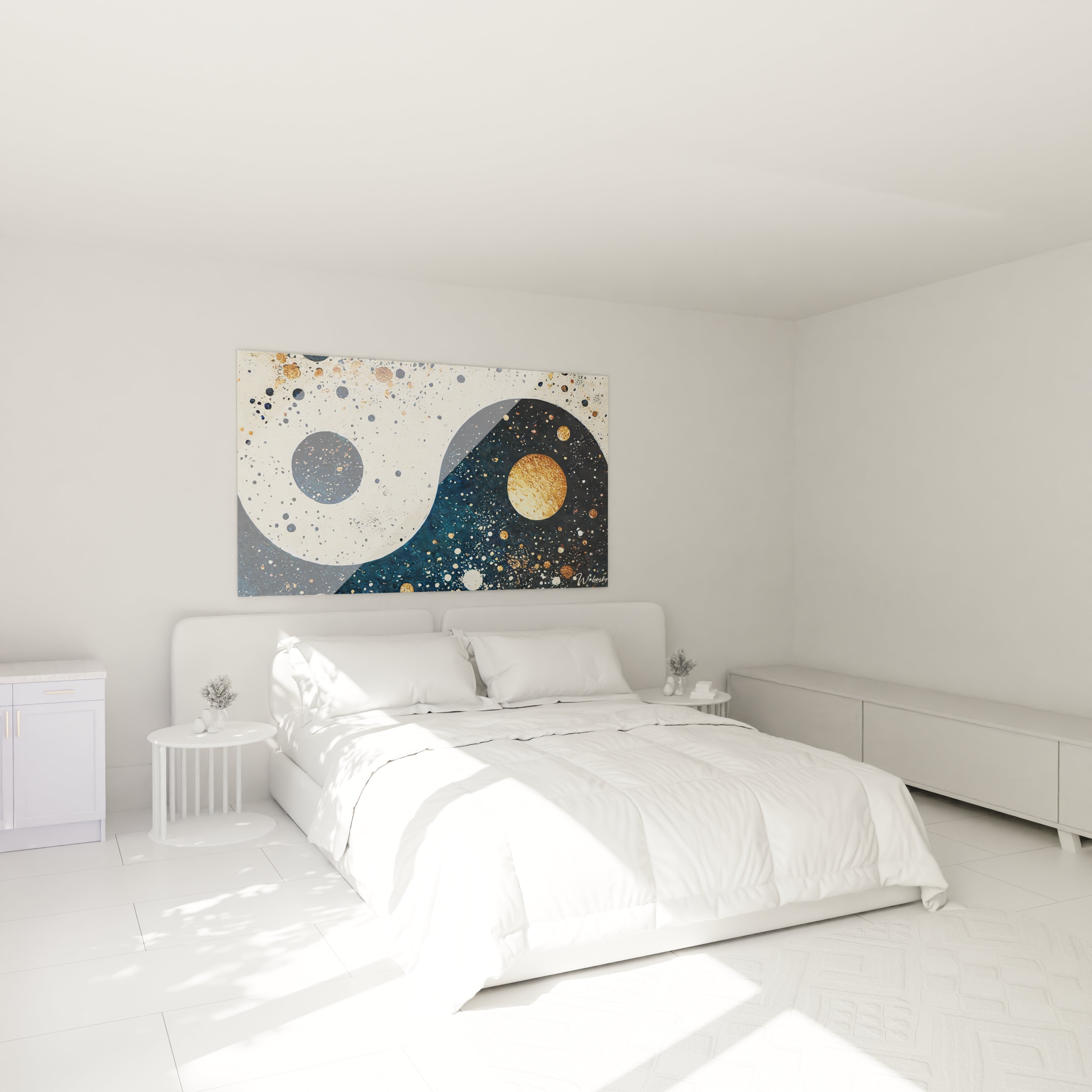 Tableau yin yang au-dessus d un lit dans une chambre. Il cree une ambiance apaisante en mariant des tons doux et une symbolique d harmonie parfaite.

