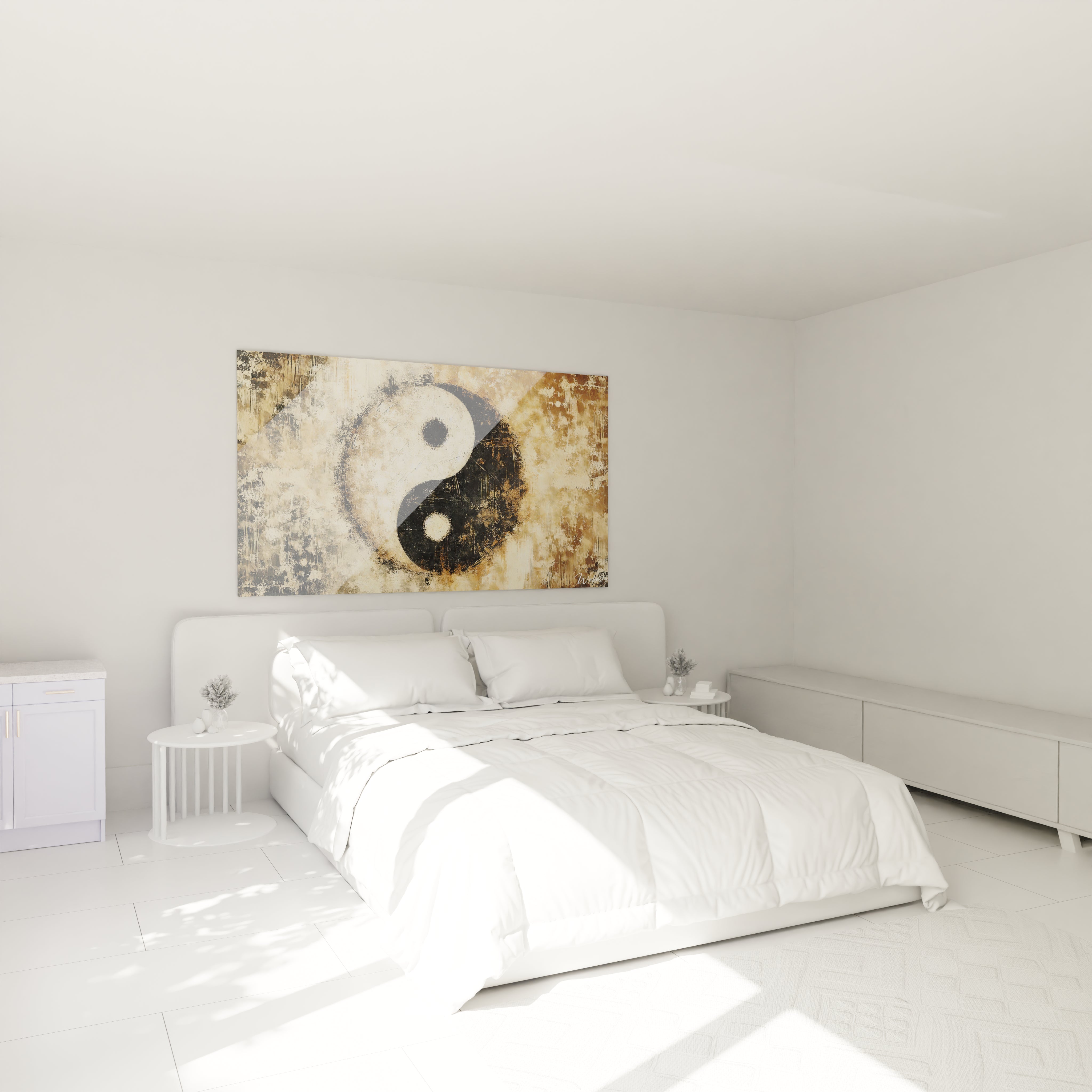 Tableau Yin Yang accroche au-dessus du lit : une piece centrale qui cree une atmosphere apaisante dans la chambre. Ses nuances neutres et textures riches favorisent la serenite et l'equilibre.

