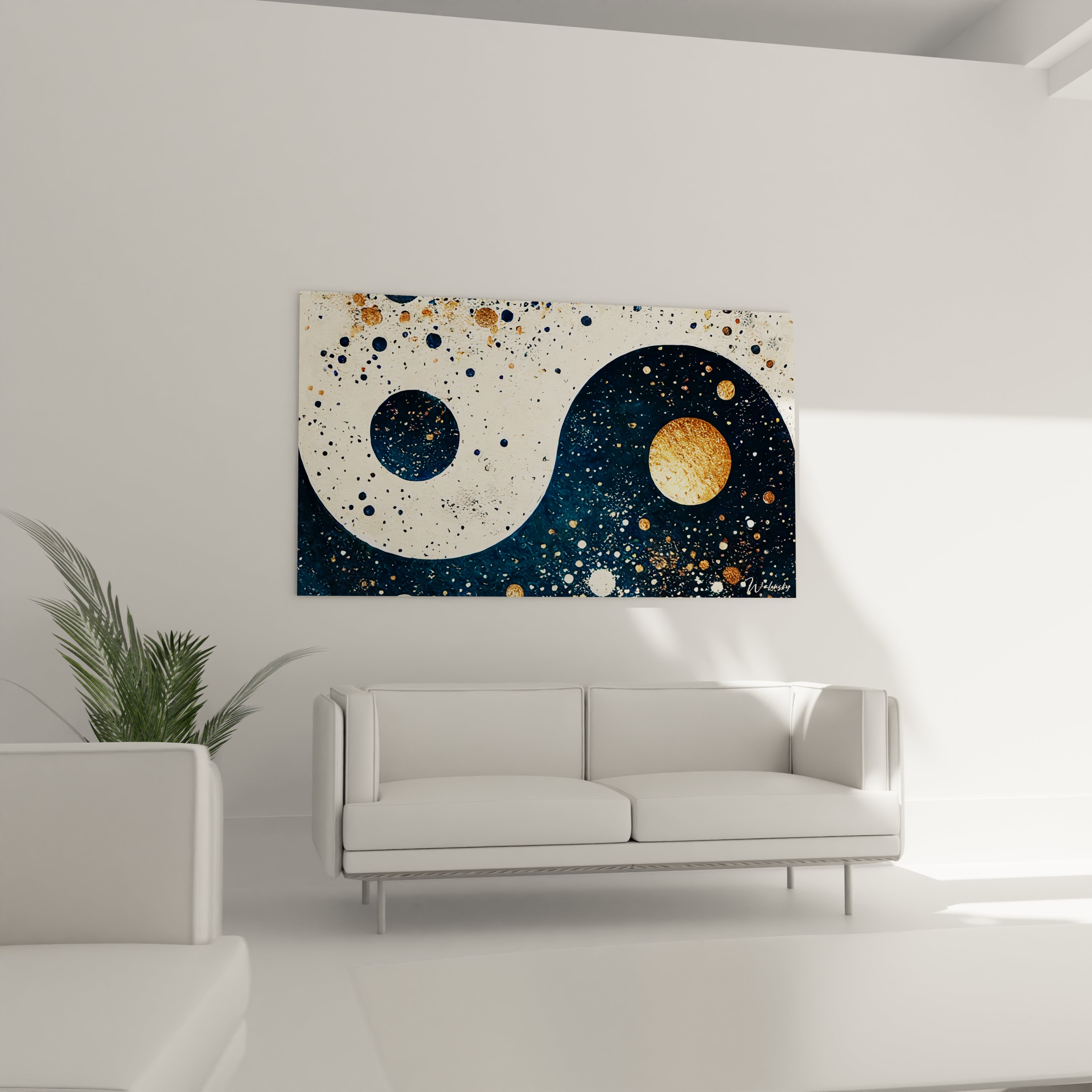 Tableau yin yang accroche dans un salon au-dessus d un canape. Ses contrastes saisissants et touches dorees enrichissent votre espace de serenite et d elegance.

