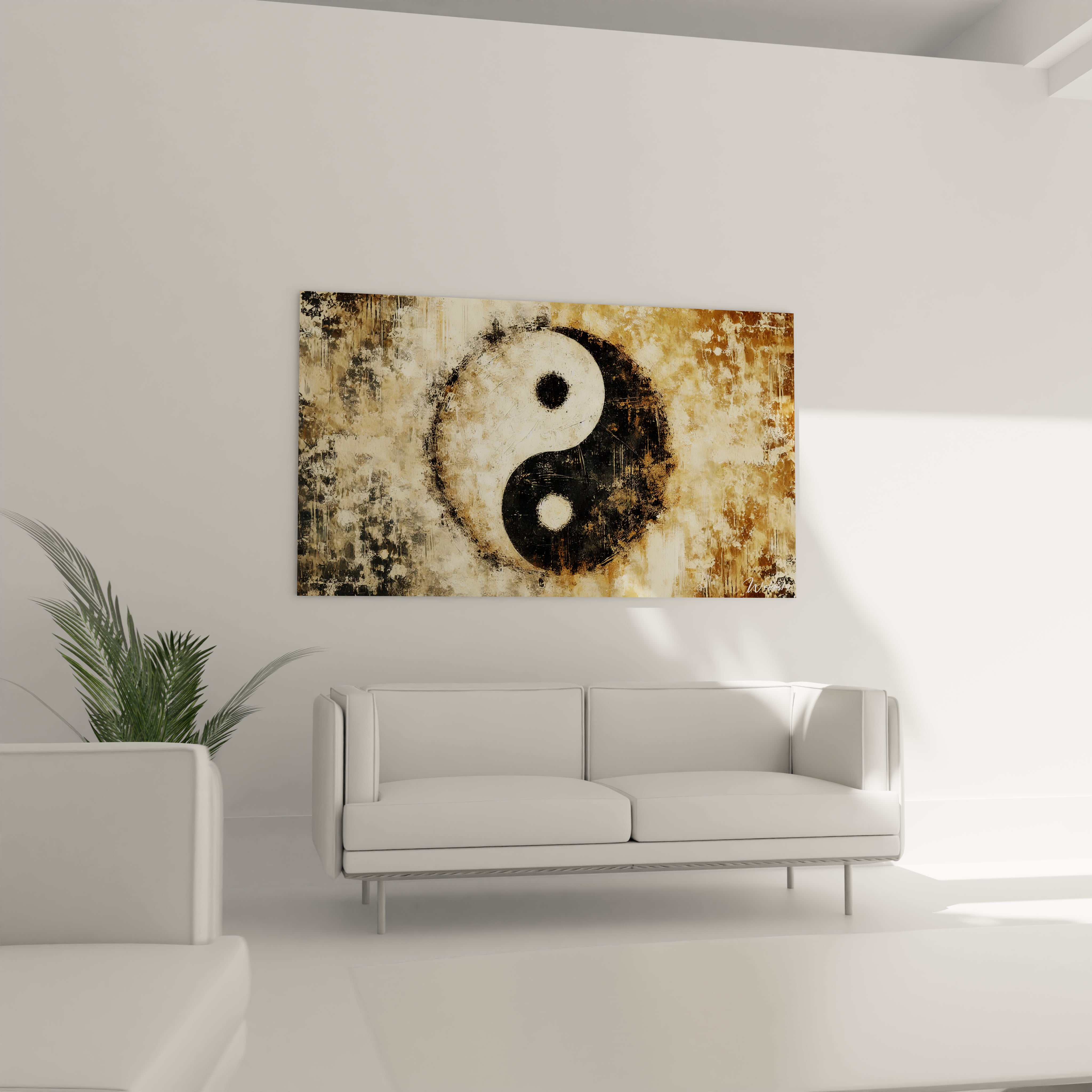 Tableau Yin Yang dans le salon : installe au-dessus du canape, ce tableau attire le regard avec ses contrastes subtils et sa profondeur. Parfait pour un interieur moderne et harmonieux.

