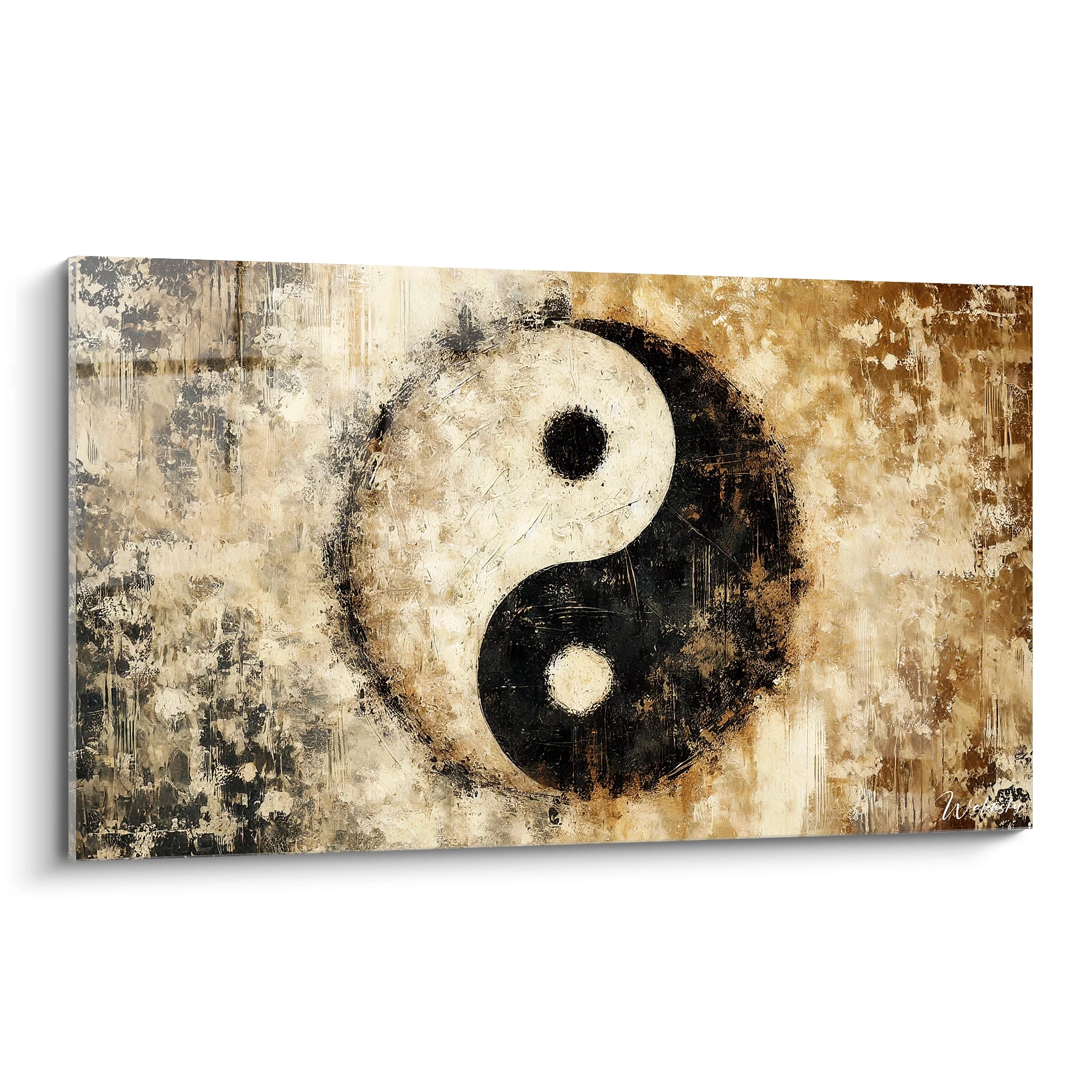 Tableau Yin Yang vue de biais : un jeu de textures abstraites et de tons neutres pour évoquer l'equilibre entre lumiere et ombre. Ideal pour une ambiance contemporaine et meditative.

