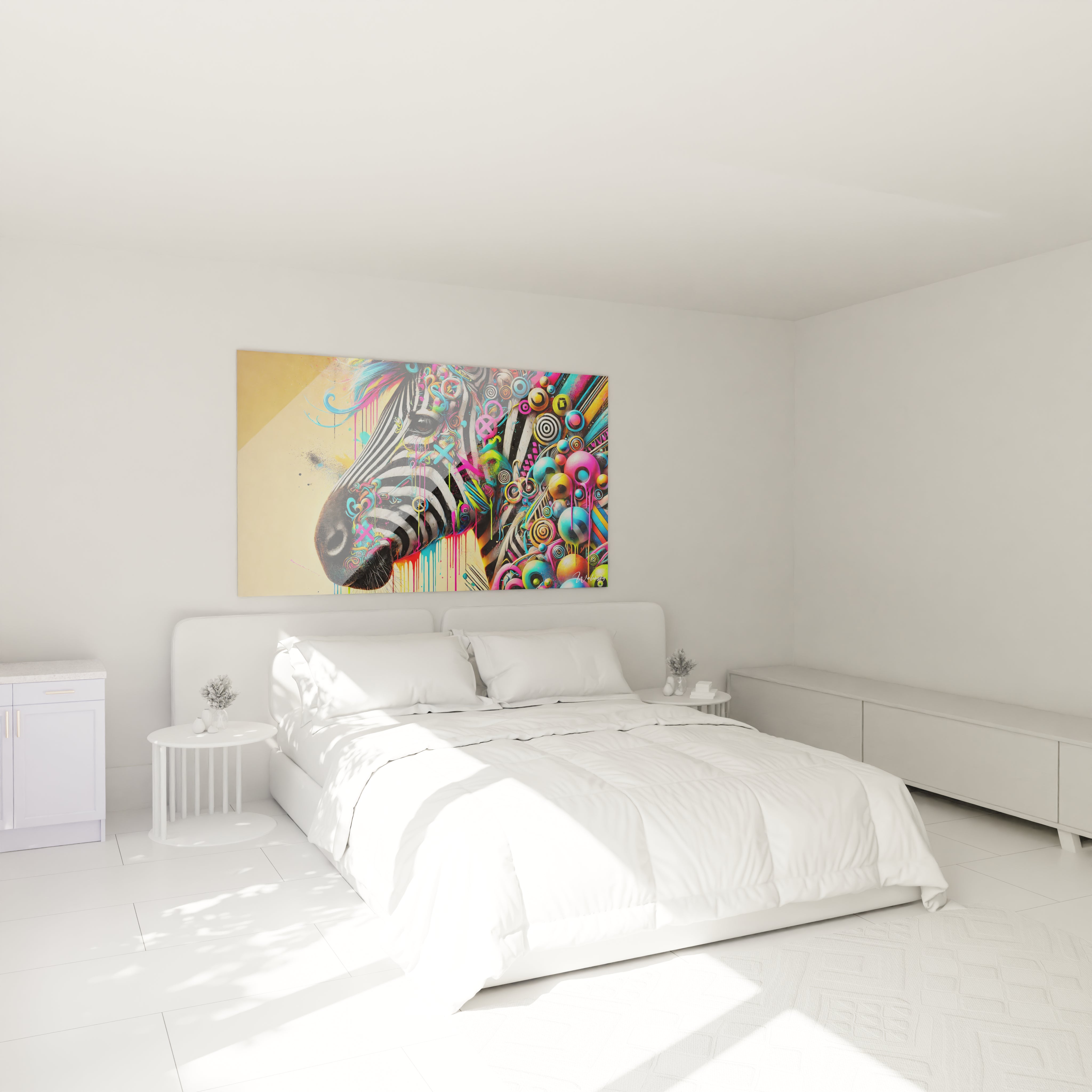 Ce tableau zebre colore illumine la chambre accroche au-dessus du lit. Ses motifs pop et graffiti ajoutent une ambiance vibrante et sauvage, parfait pour un decor creatif et dynamique.

