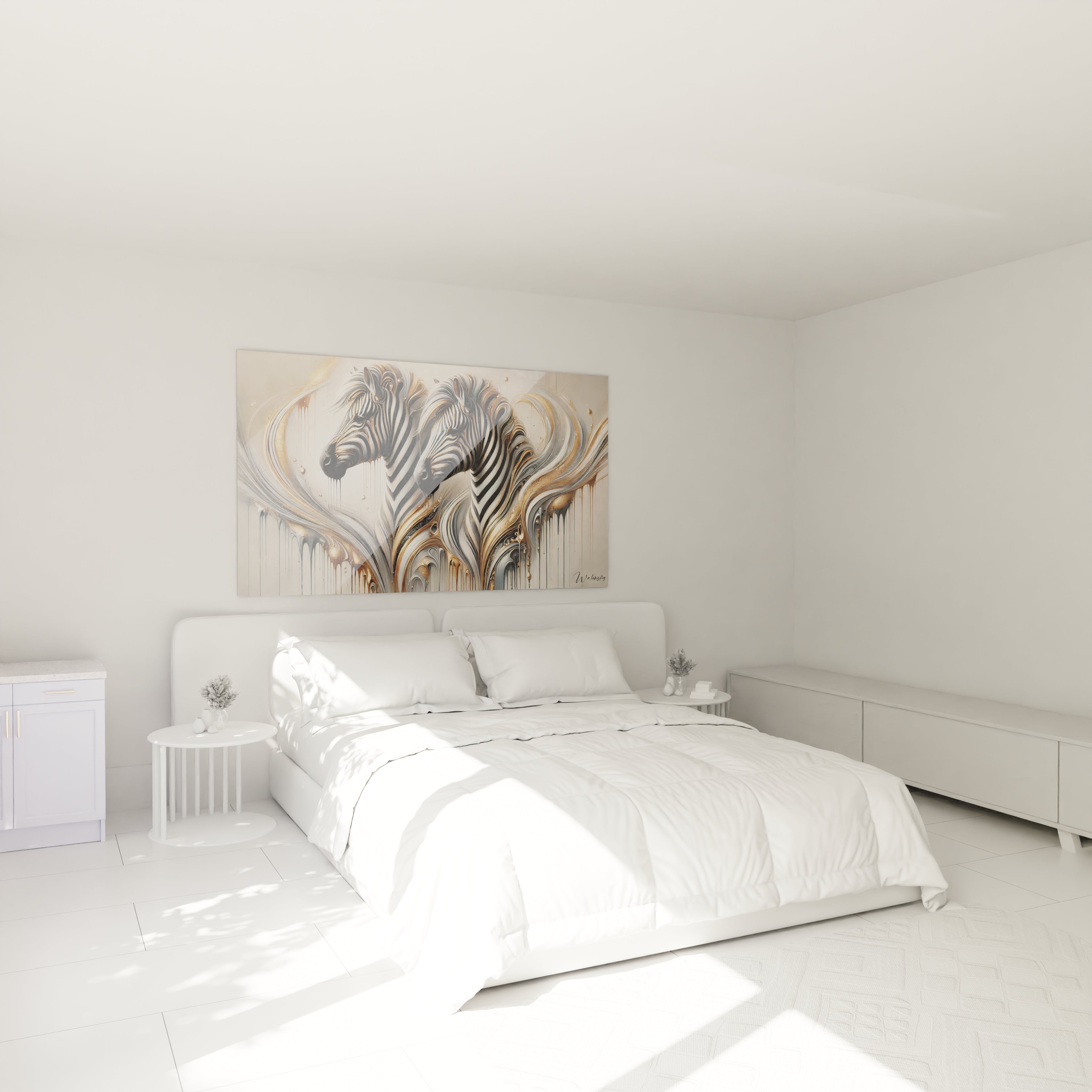 Dans cette chambre moderne, le tableau zebre accroche au-dessus du lit ajoute une touche de luxe et de dynamisme. Les courbes abstraites et les couleurs dorees enrichissent l'ambiance de la piece.

