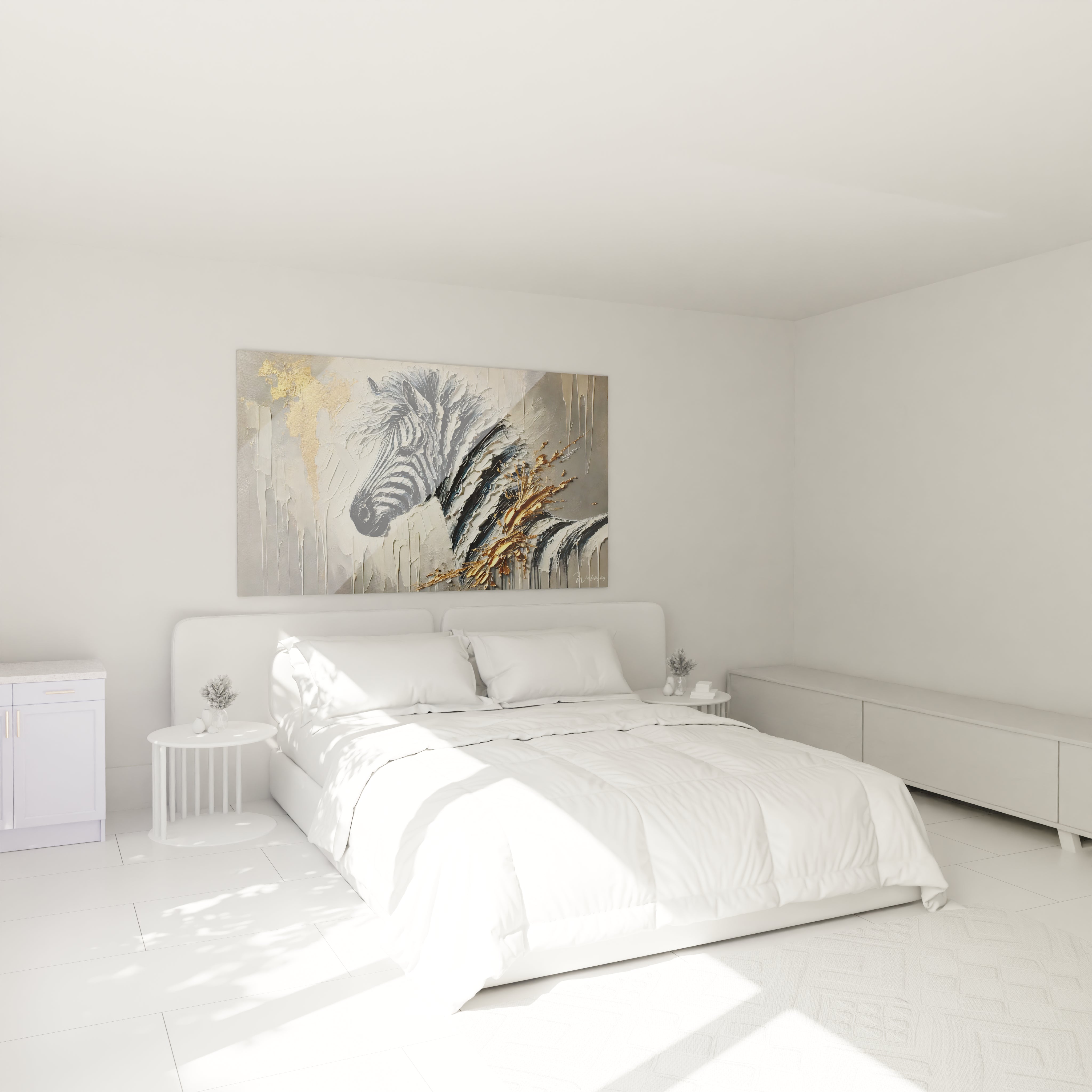 Ce tableau zebre au-dessus du lit transforme votre chambre en une oasis artistique. Ses textures epaisses et ses rayures dorees apportent une touche de modernite et d elegance a votre decor.

