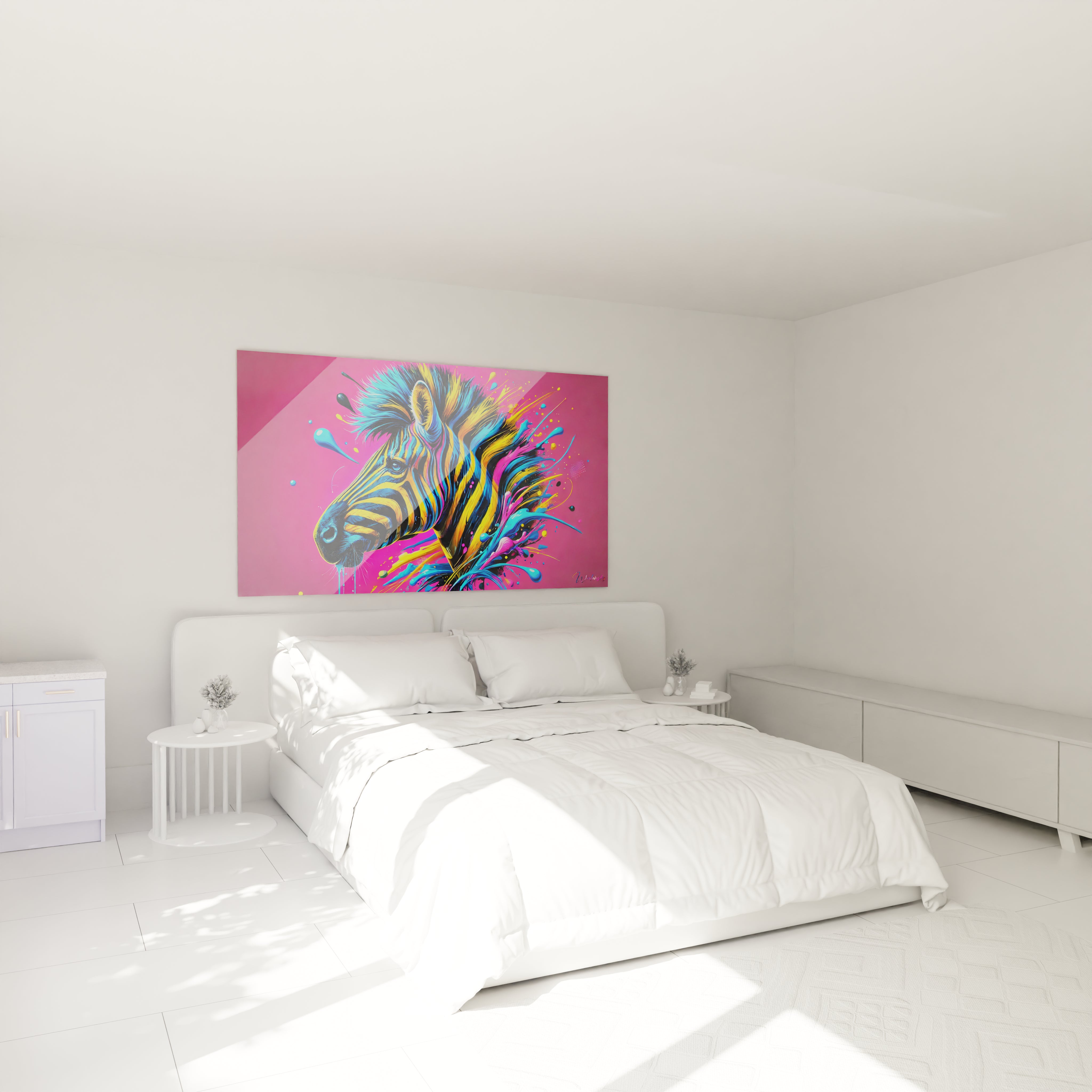 Sublimez votre chambre avec ce tableau zebre au-dessus du lit. Les couleurs vibrantes jaune, bleu et rose s'harmonisent parfaitement pour apporter une touche artistique audacieuse et moderne à votre interieur.

