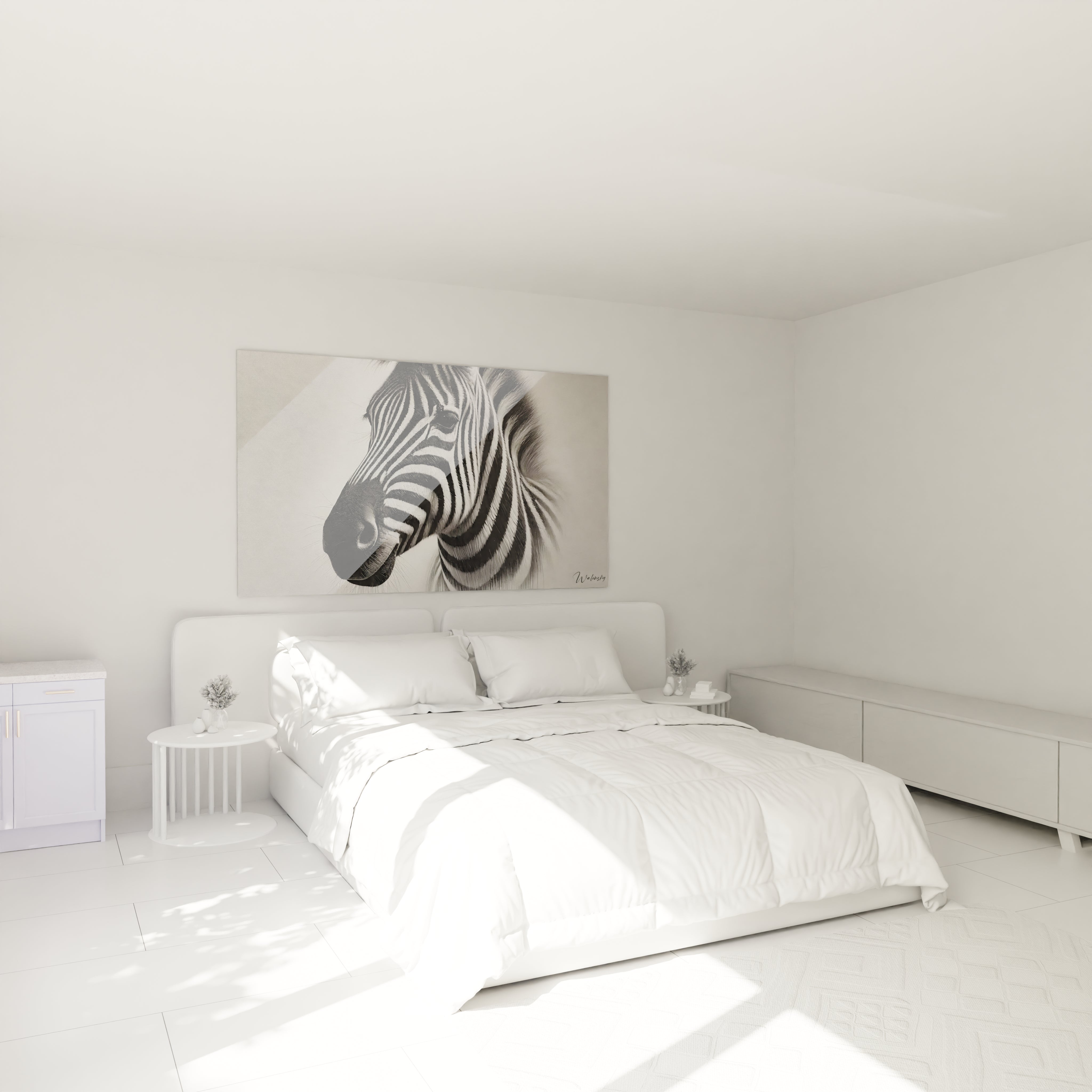 Le tableau zebre accroché au-dessus du lit transforme la chambre en un espace artistique moderne. Les rayures contrastées du zebre s'intègrent parfaitement dans une décoration contemporaine, ajoutant une touche sauvage apaisante.

