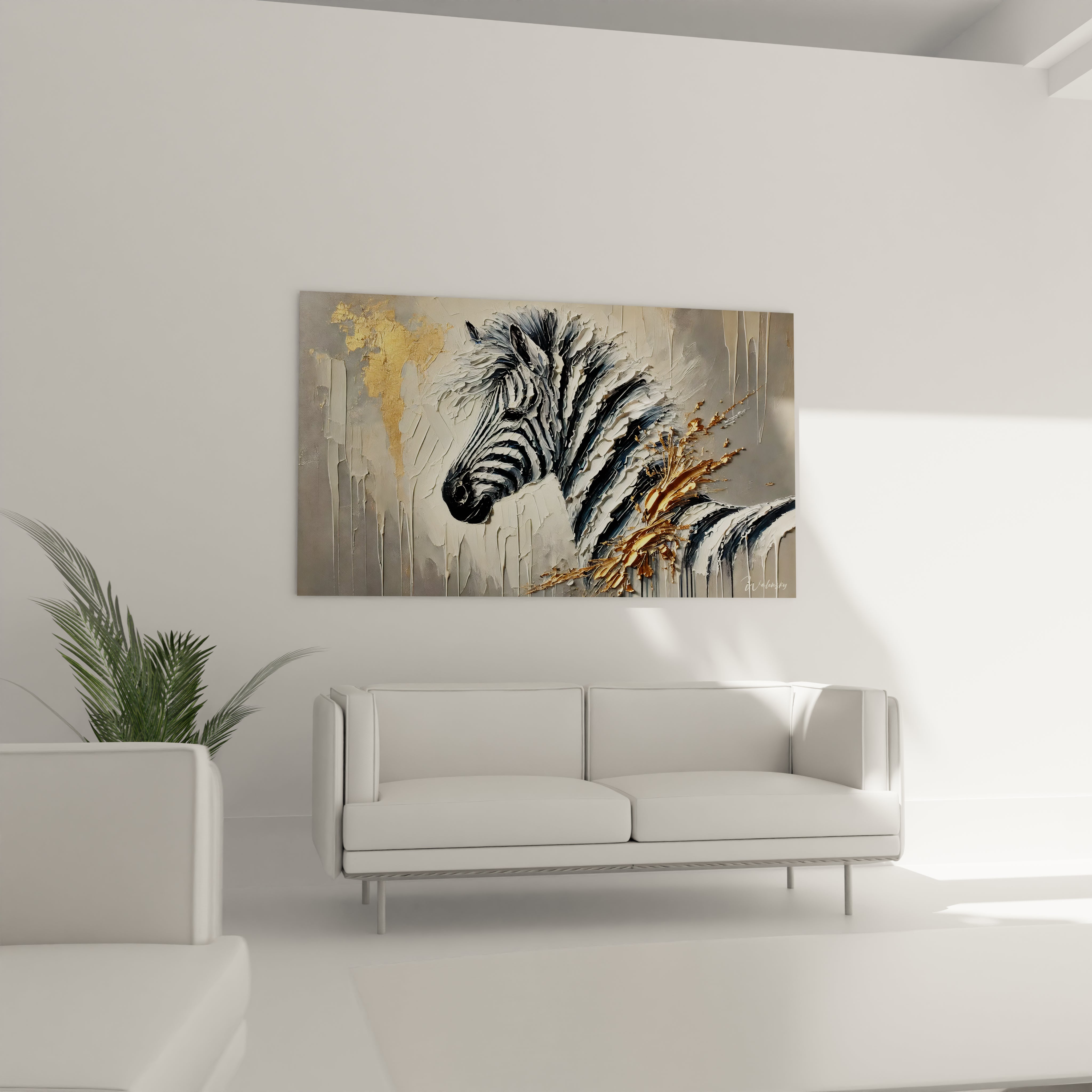 Accroche au-dessus du canape, ce tableau zebre avec ses touches dorees illumine votre salon. Son effet en trois dimensions cree un point focal saisissant et apporte une touche contemporaine.

