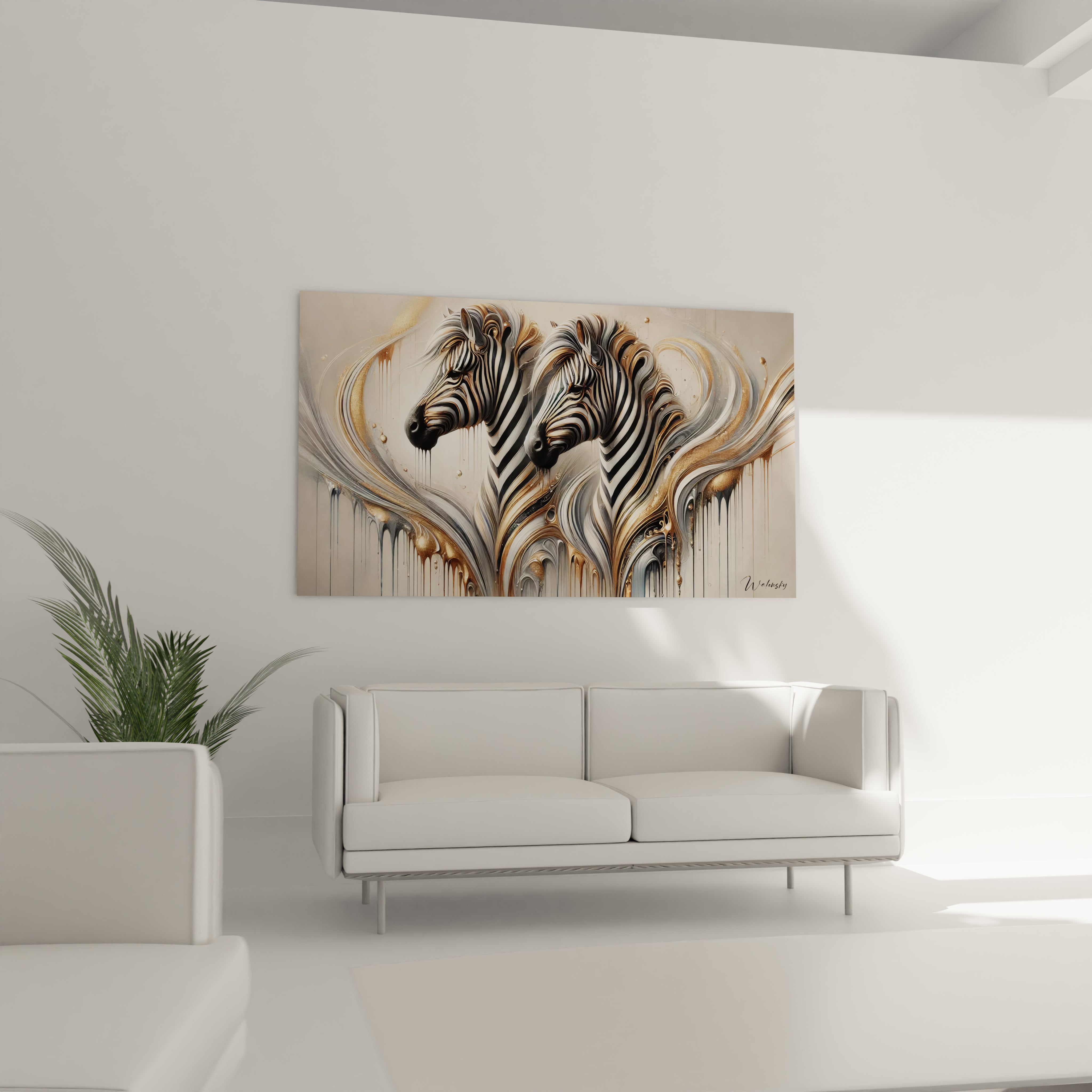 Le tableau zebre sublime ce salon avec ses couleurs elegantes et ses motifs liquides. Ses lignes fluides et metalliques s'integrent parfaitement au-dessus du canape, apportant modernite et profondeur.

