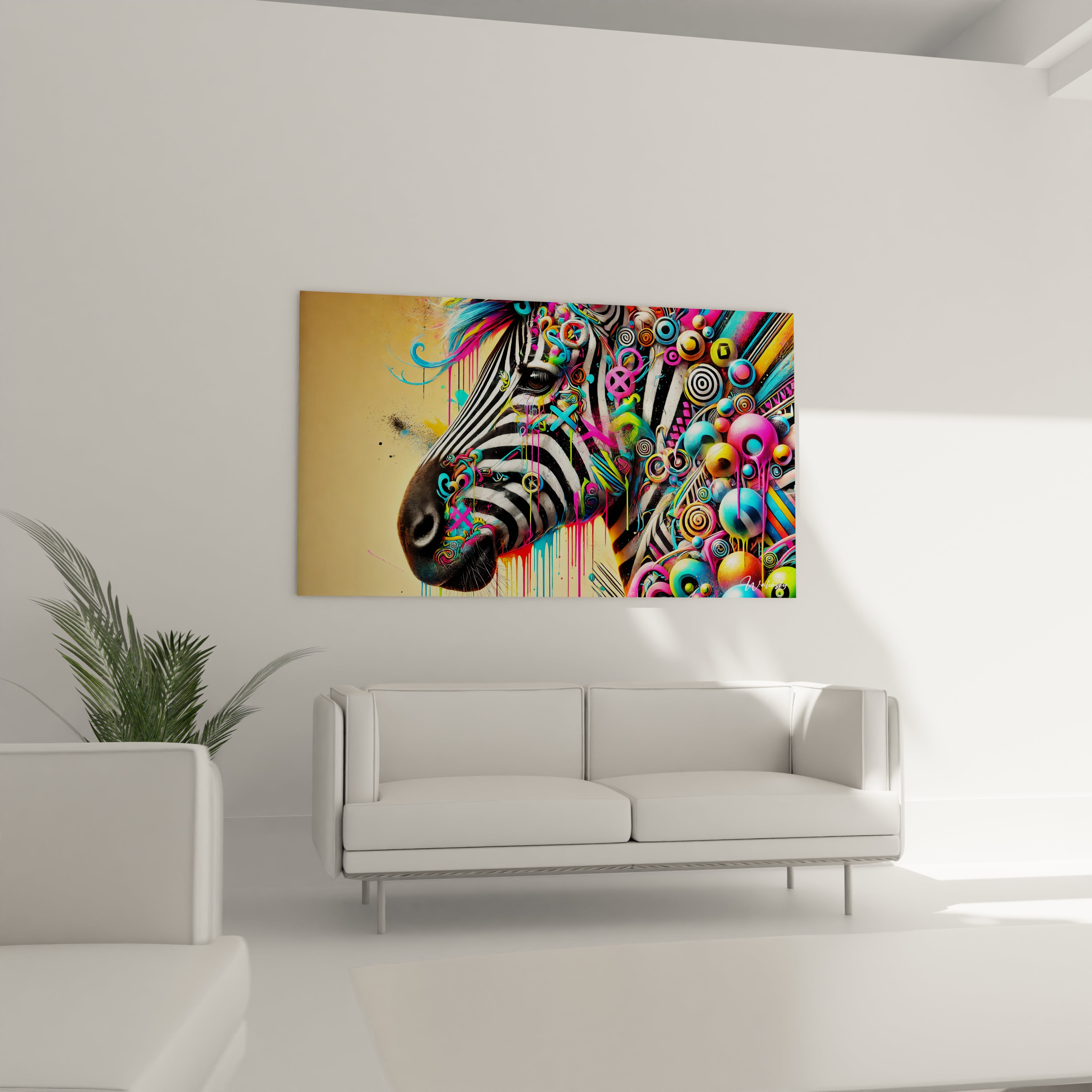 Accroche au-dessus du canape dans le salon, ce tableau zebre aux rayures uniques et aux couleurs audacieuses devient le point focal, apportant vitalite et modernite a votre espace.

