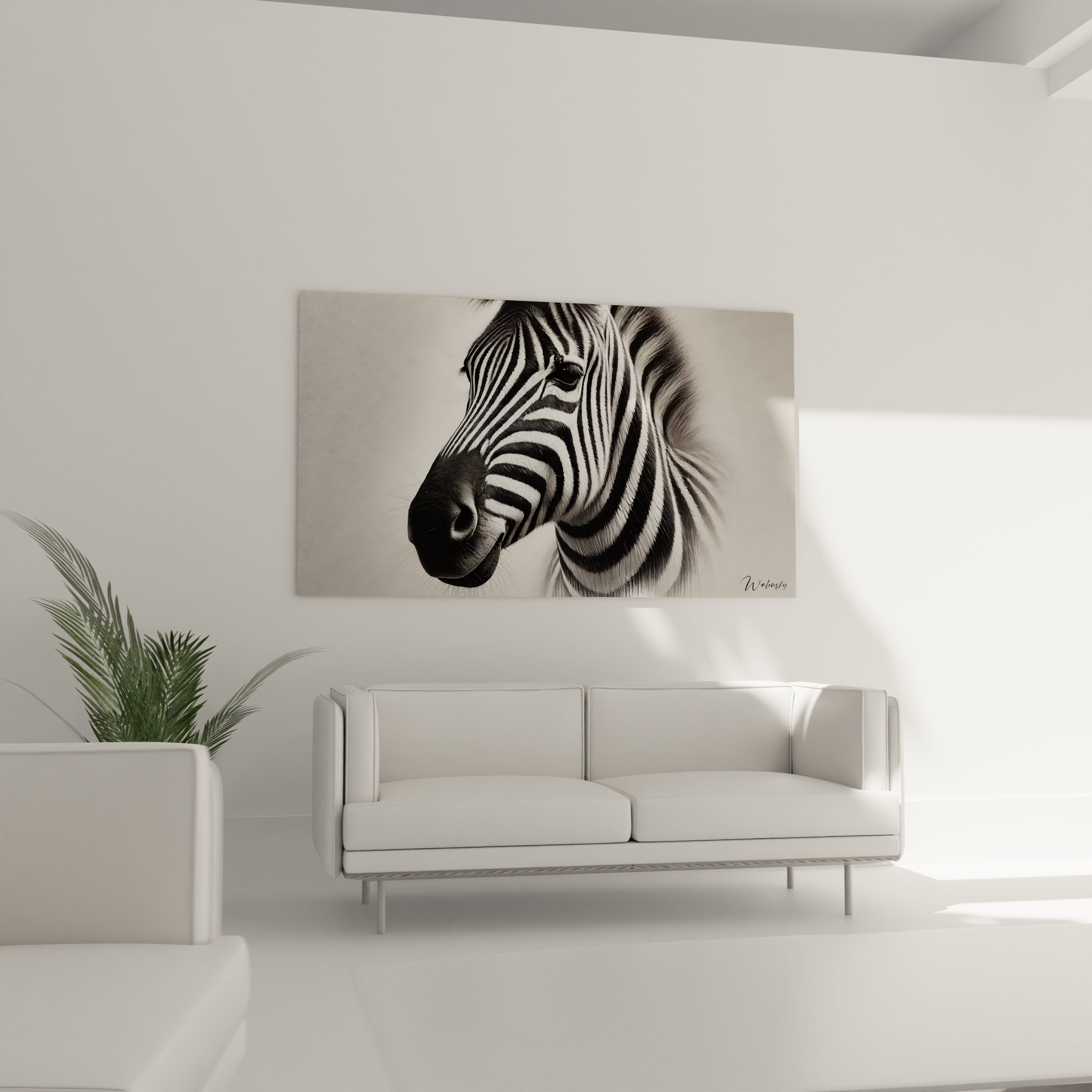 Ce tableau zebre apporte une élégance naturelle au salon, suspendu au-dessus du canapé. Le réalisme saisissant du zebre en noir et blanc crée un point focal apaisant et intemporel dans la pièce.

