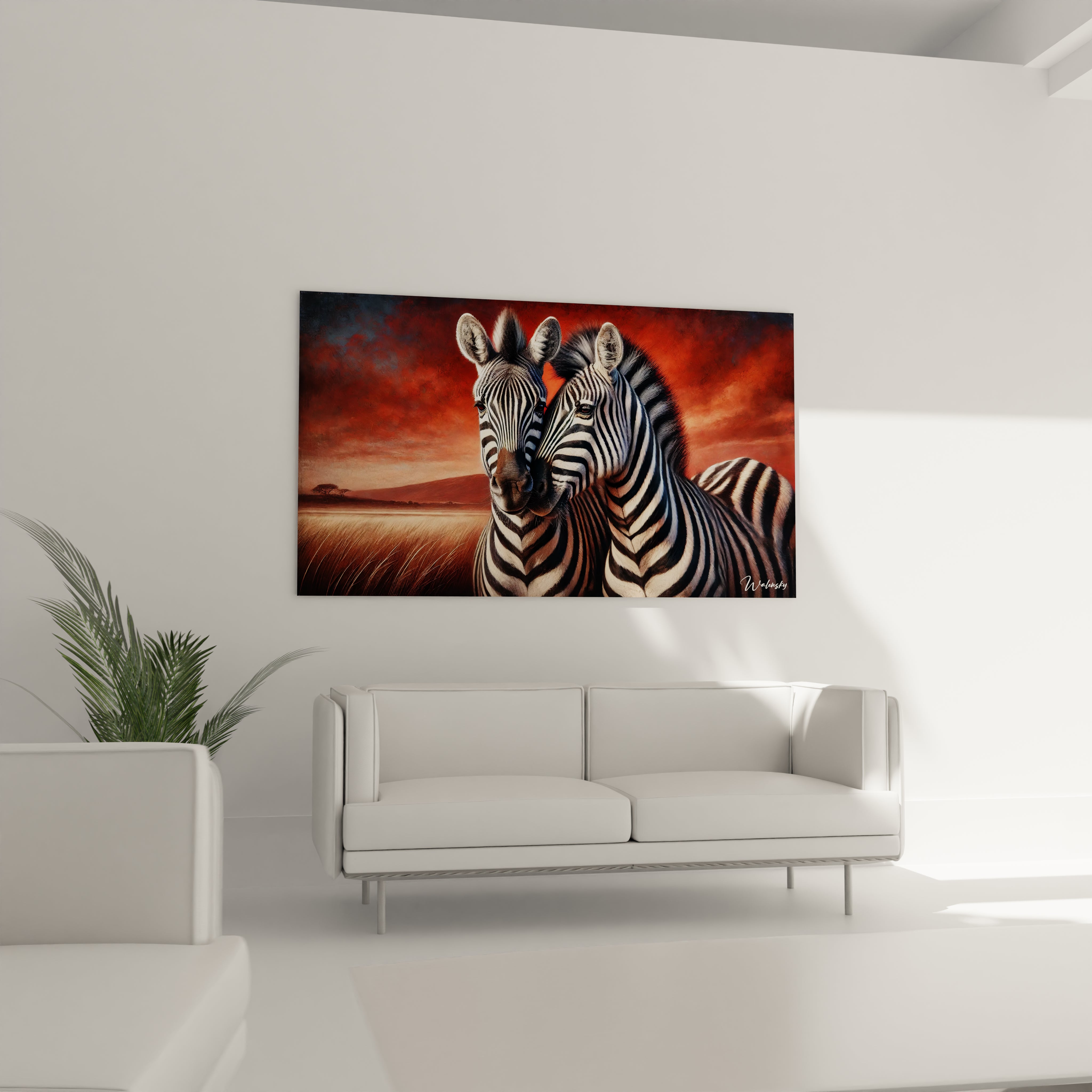 Sublime ton salon avec ce tableau zebre au-dessus de ton canapé. L'equilibre entre la faune sauvage et les couleurs chaudes crée une ambiance sereine et contemporaine dans ton espace de vie.

