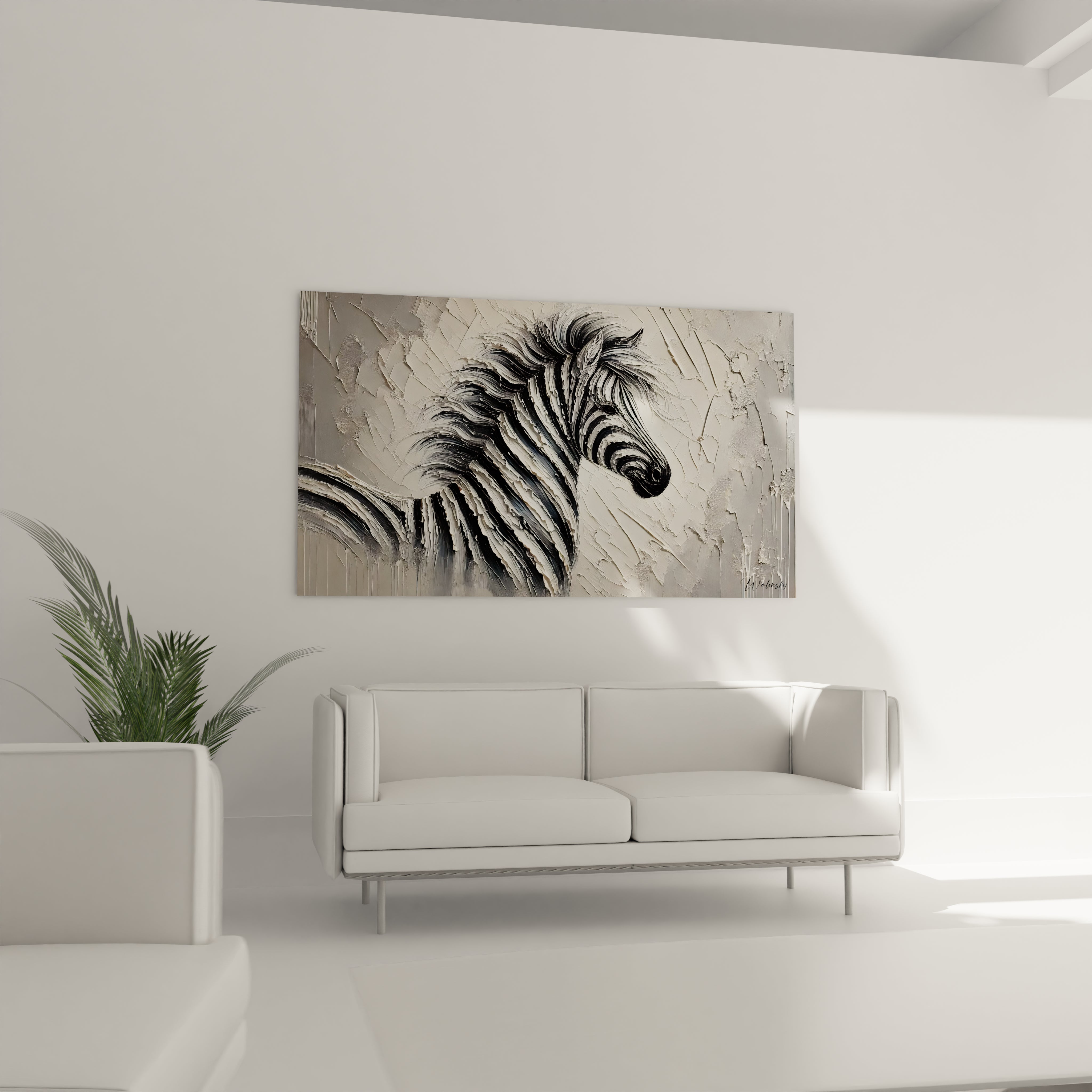 Ce tableau zebre au-dessus du canapé illumine le salon avec son design en noir et blanc. L'effet en relief capte le regard, apportant une touche moderne et abstraite à tout espace de vie contemporain.

