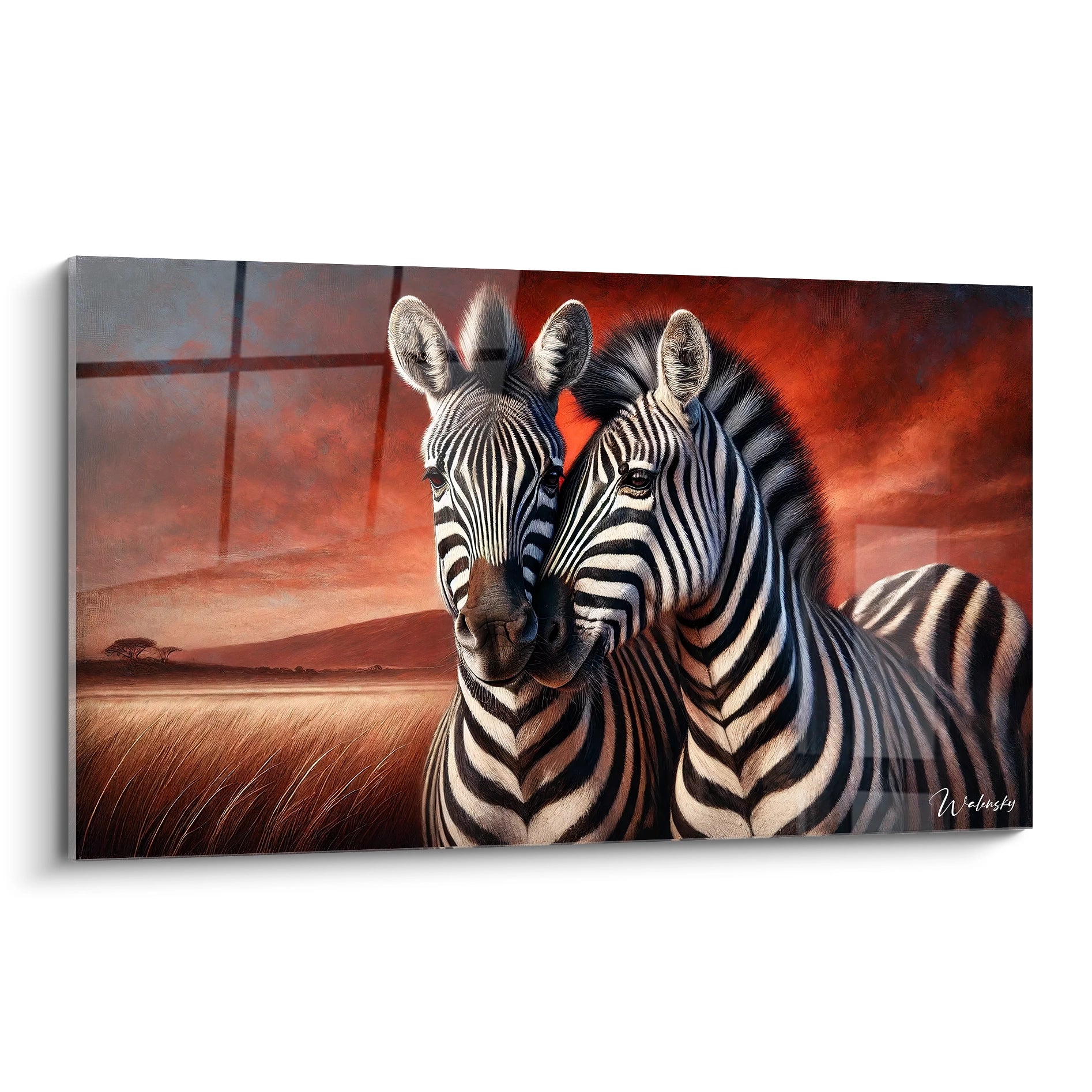 Ce tableau zebre, vu de biais, montre deux zebres majestueux dans une savane au coucher du soleil. Le contraste entre les rayures noires et blanches et les couleurs chaudes offre une touche sauvage et moderne.

