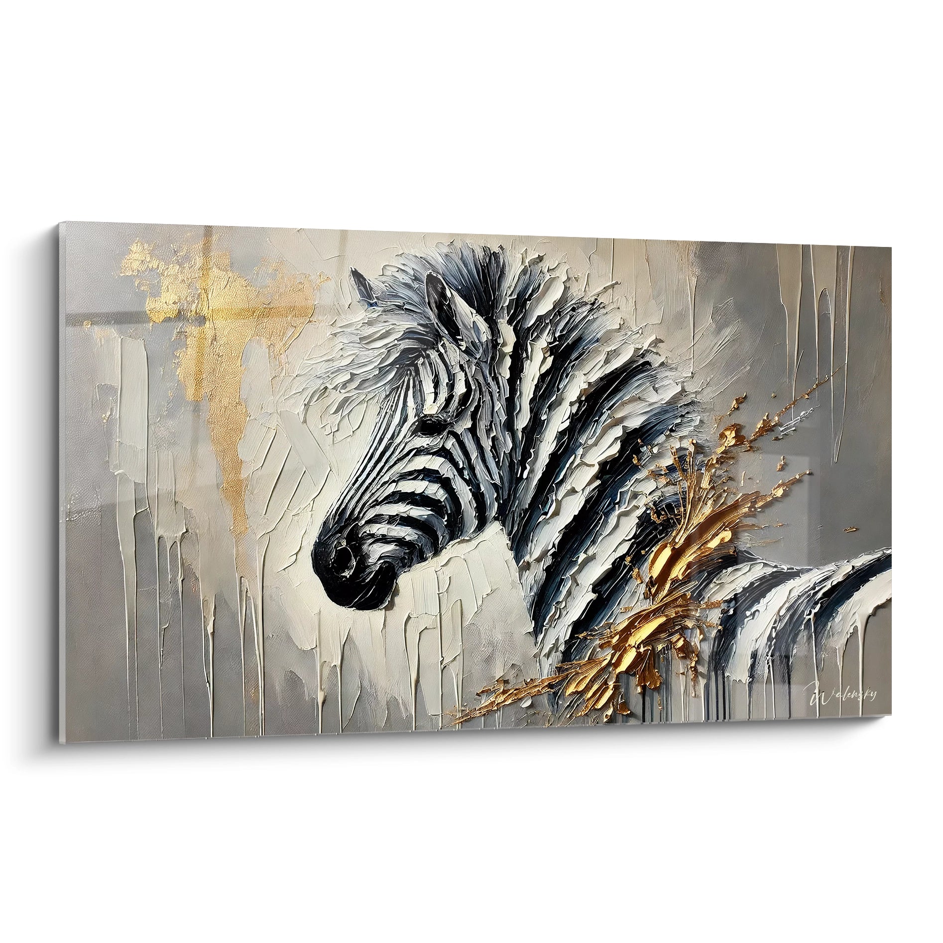 Ce tableau zebre avec des touches dorees et des textures epaisses attire l oeil par ses details et sa profondeur. Une veritable oeuvre d art moderne parfaite pour sublimer votre espace interieur.

