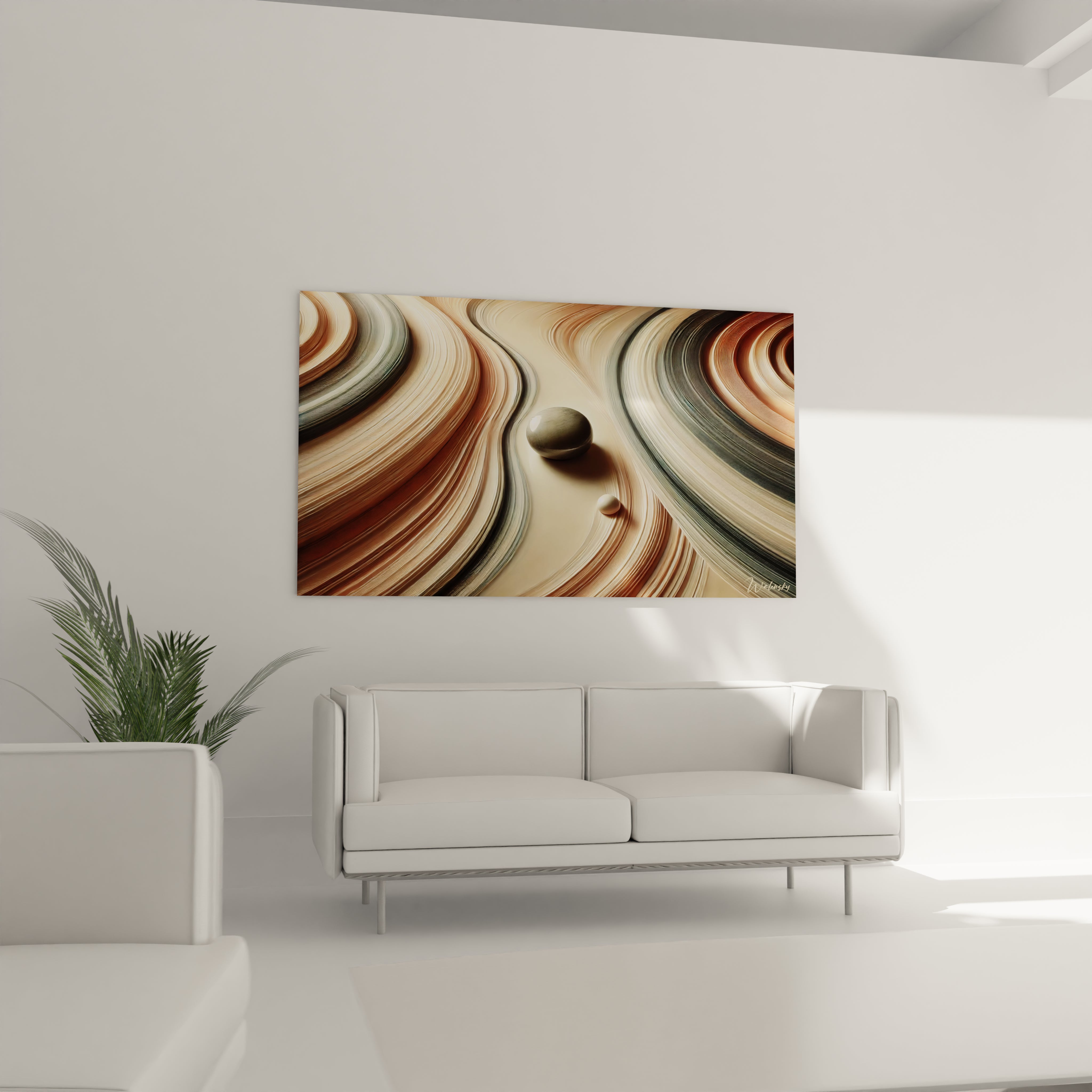 Accroche dans votre salon, ce tableau zen offre une touche d'elegance et de calme. Ses couleurs douces et ses lignes naturelles creent une atmosphere apaisante.

