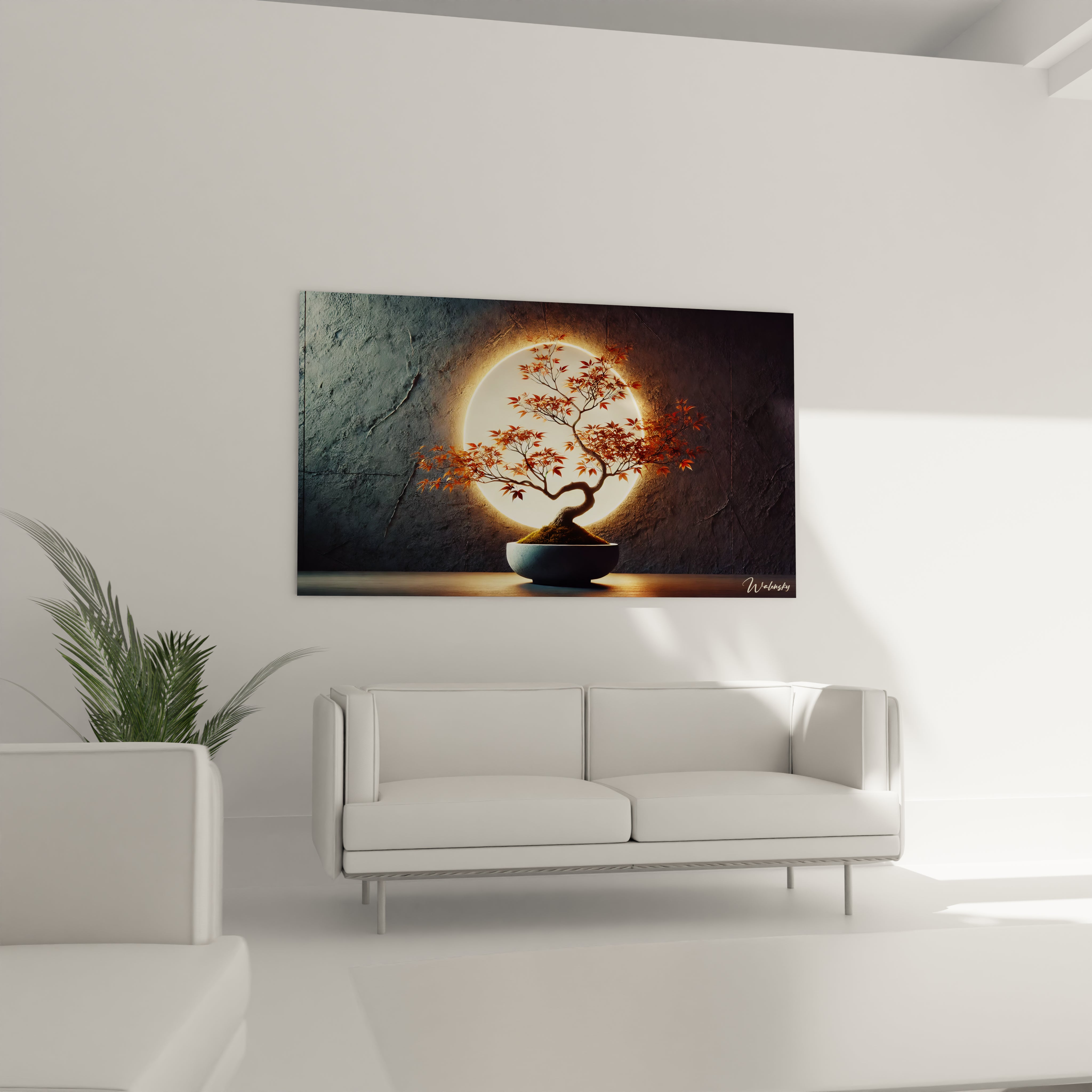 Accroche au mur au dessus du canape, ce tableau zen apporte une touche de serenite et d’elegance a votre salon. Ideal pour un espace relaxant.

