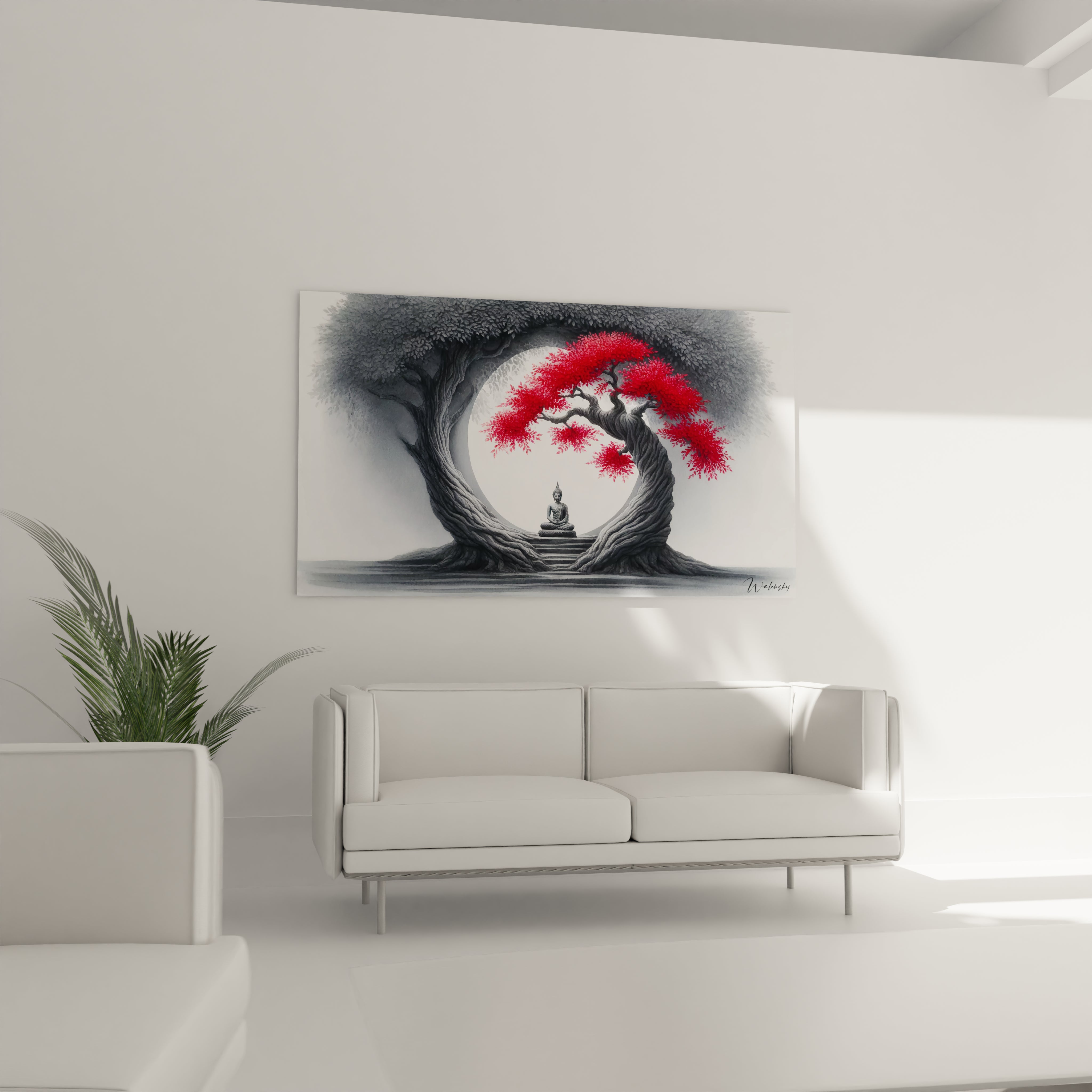 Ce tableau zen dans un salon ajoute une touche apaisante et captivante. Placé au-dessus du canapé, il devient un point focal qui inspire équilibre et vitalité.

