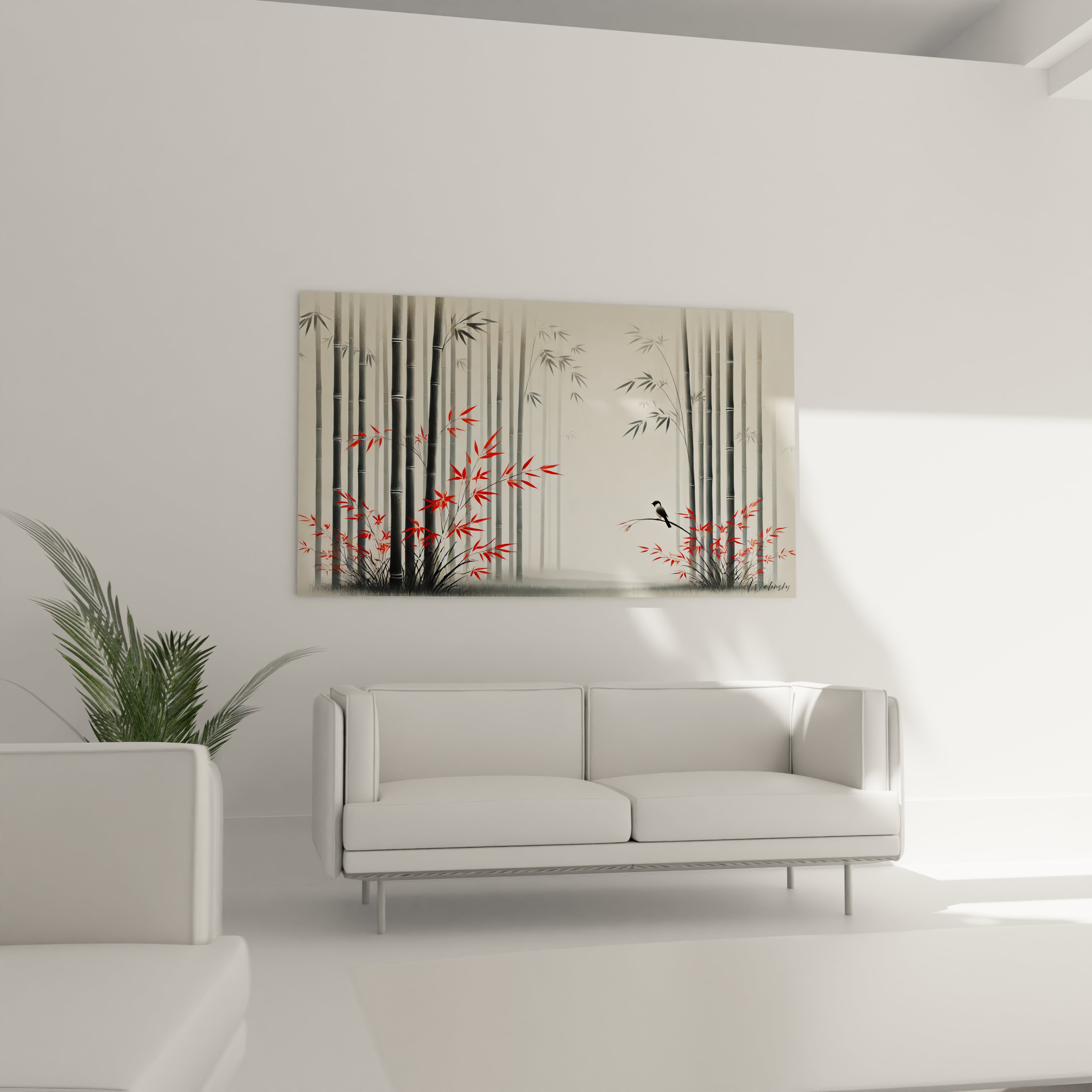 Place dans un salon au-dessus d un canape, ce tableau zen attire le regard et cree une harmonie naturelle, melant calme et energie grace a ses couleurs et son design epure.

