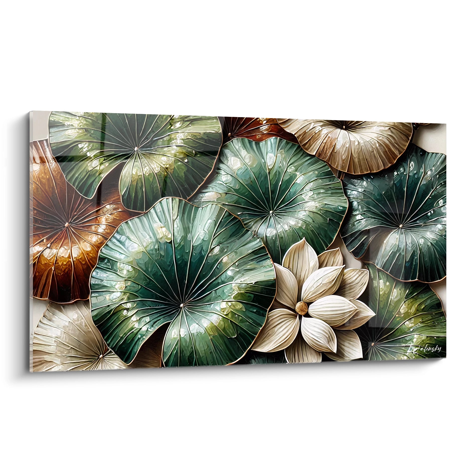 Admirez ce tableau zen inspire par la beaute des feuilles de lotus. Un melange de tons verts et bronzes, parfait pour creer une ambiance apaisante dans votre interieur.

