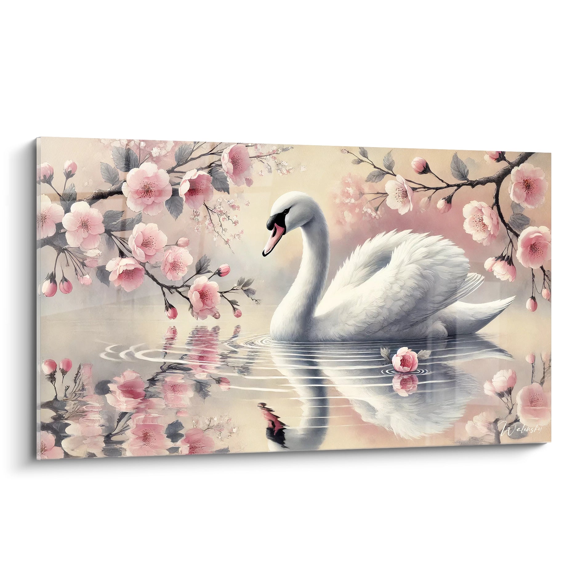 tableau cygne : vue de biais, capture la serenite d un cygne gracieux nageant parmi des fleurs de cerisier en pleine floraison Ideal pour une decoration elegante et apaisante

