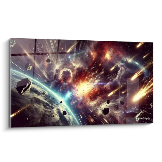 Eine Explosion von Rot-, Gold- und Blautönen evoziert eine Supernova in diesem zeitgenössischen Weltraumbild aus schräger Perspektive

