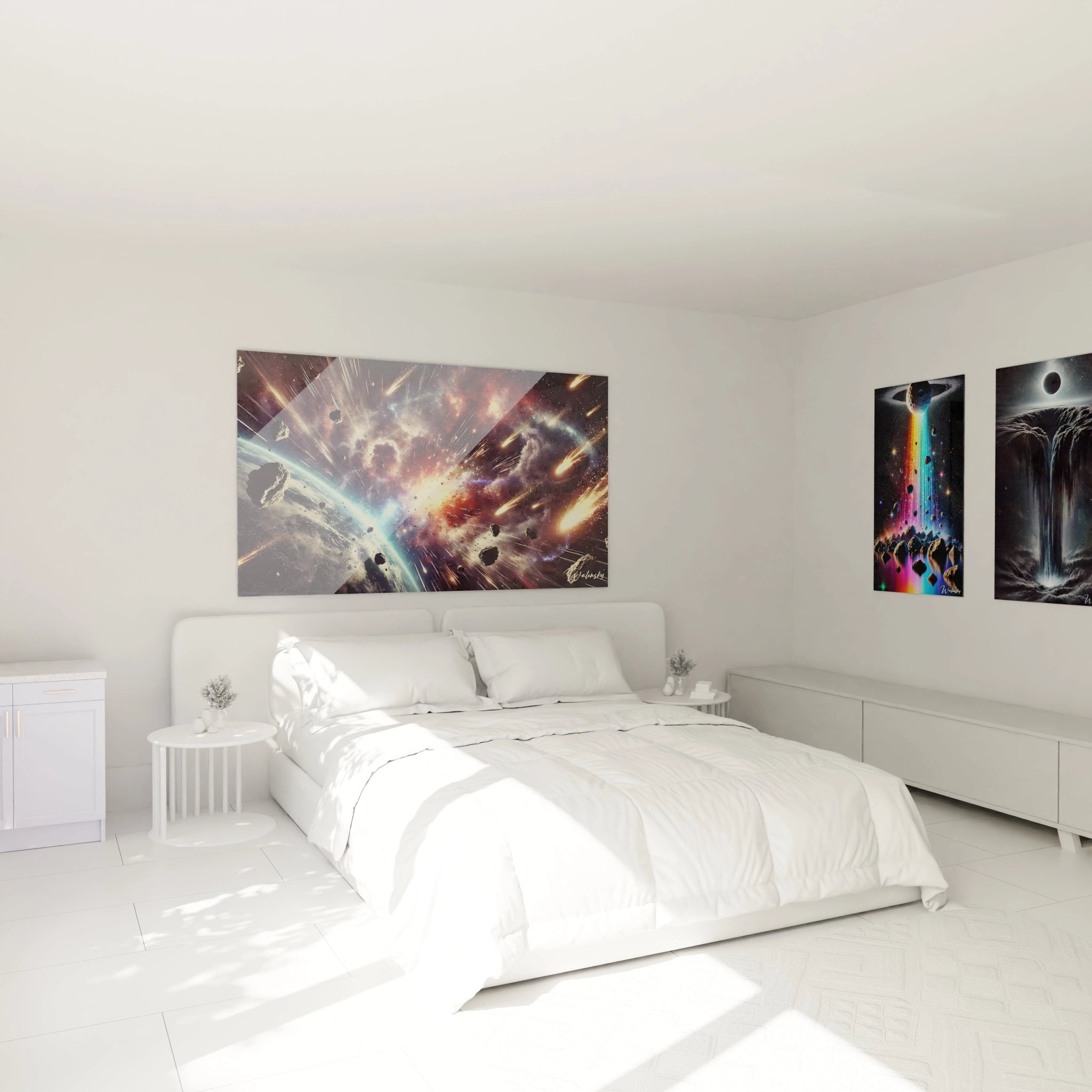 Le tableau espace au-dessus du lit offre un contraste saisissant entre les teintes lumineuses et la serenite de la chambre

