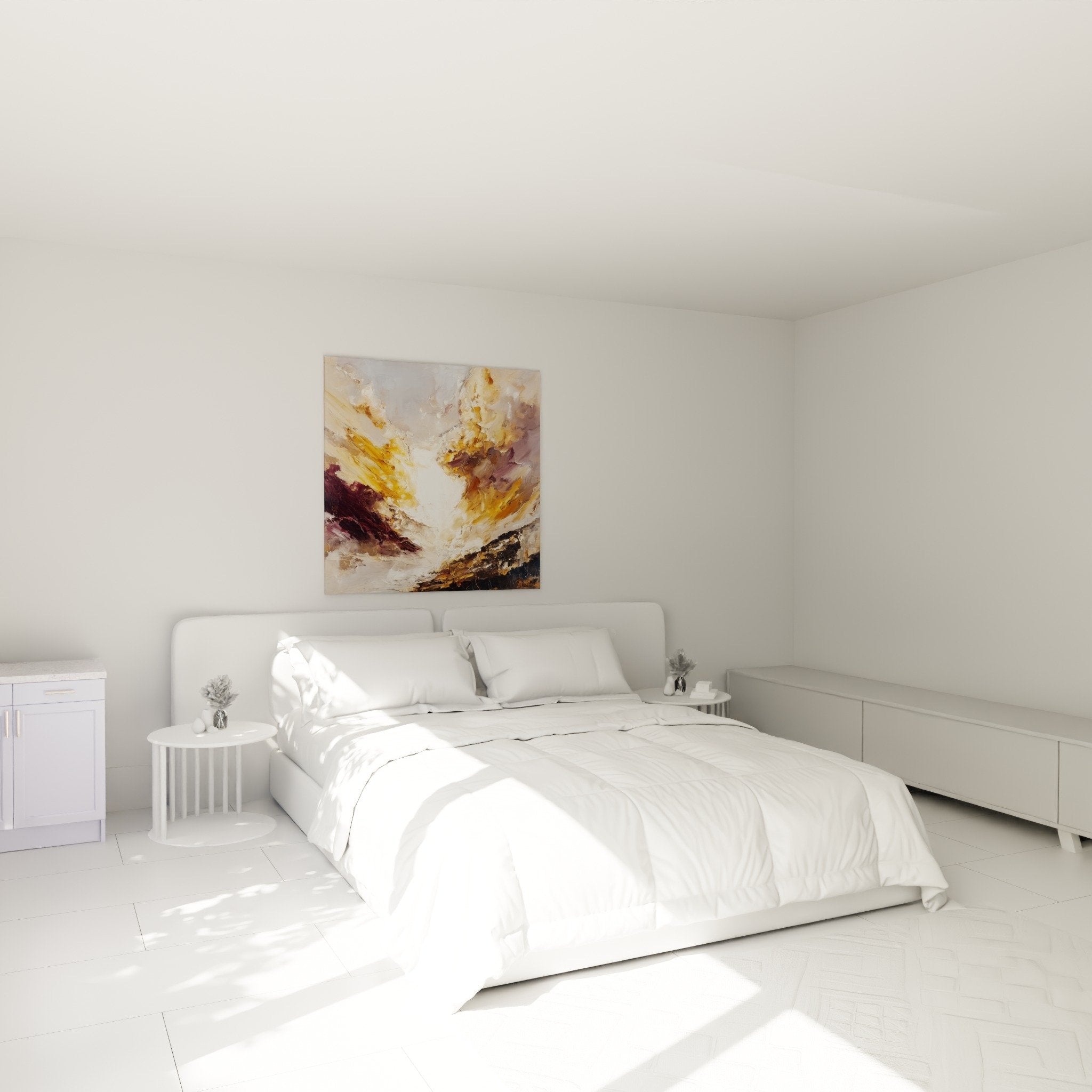 Abstract golden storm artwork in modern bedroom with beige wall natural wood furniture calm atmosphere