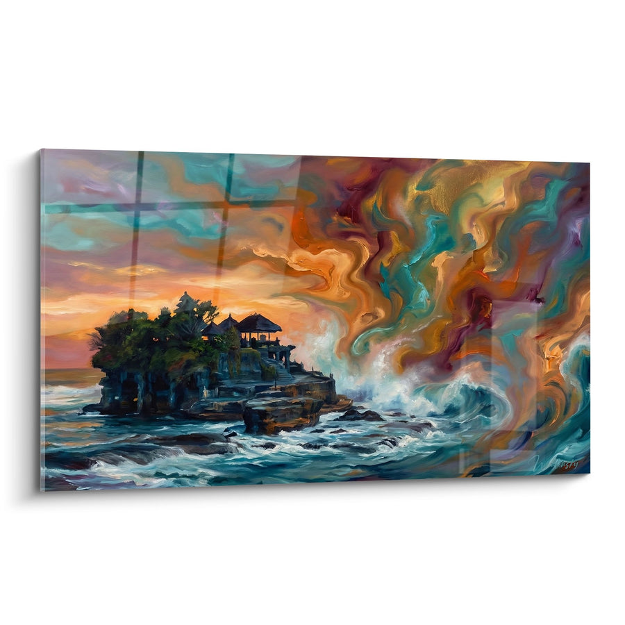 Tableau Temple sur Rocher avec Ciel Tourmenté aux Teintes Dorées et Turquoise - Majesté Mystique - Edition Bali