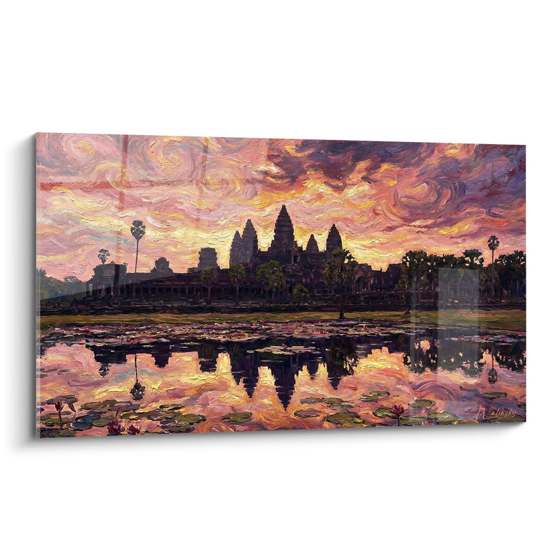 Buddhist Temple Painting at Twilight with Golden Reflections on Lotus Pond - Golden Serenity - Buddhist Temple Edition