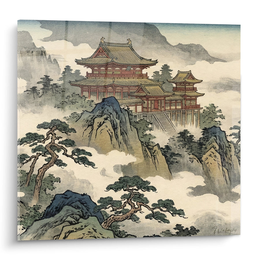 Tableau temple sur montagne brumeuse aux tons ocre et bleu - Sanctuaire céleste - Edition Temple bouddhiste