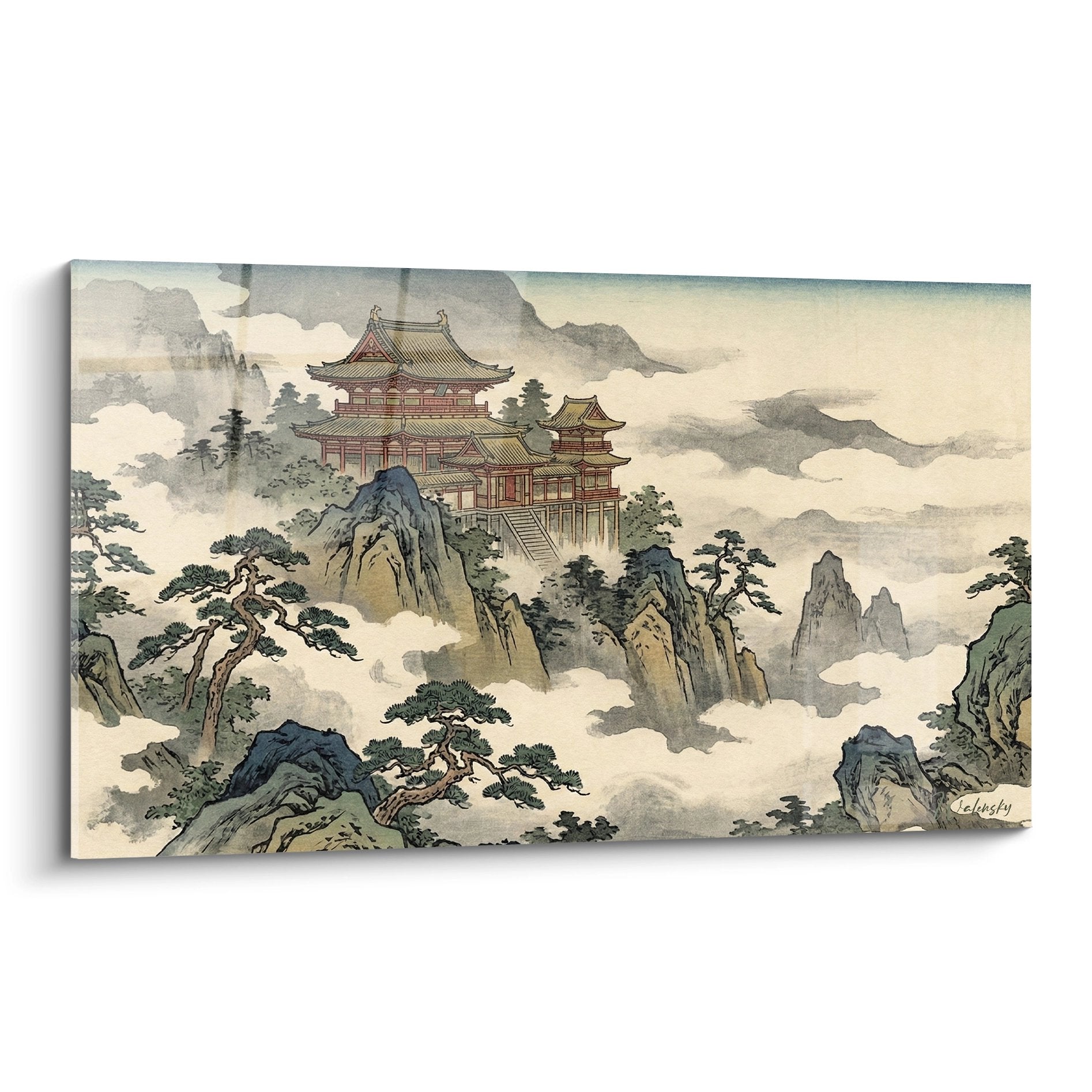 temple bouddhiste pagodes vertes nuages brumes montagnes paysage mystique art asiatique zen spirituel