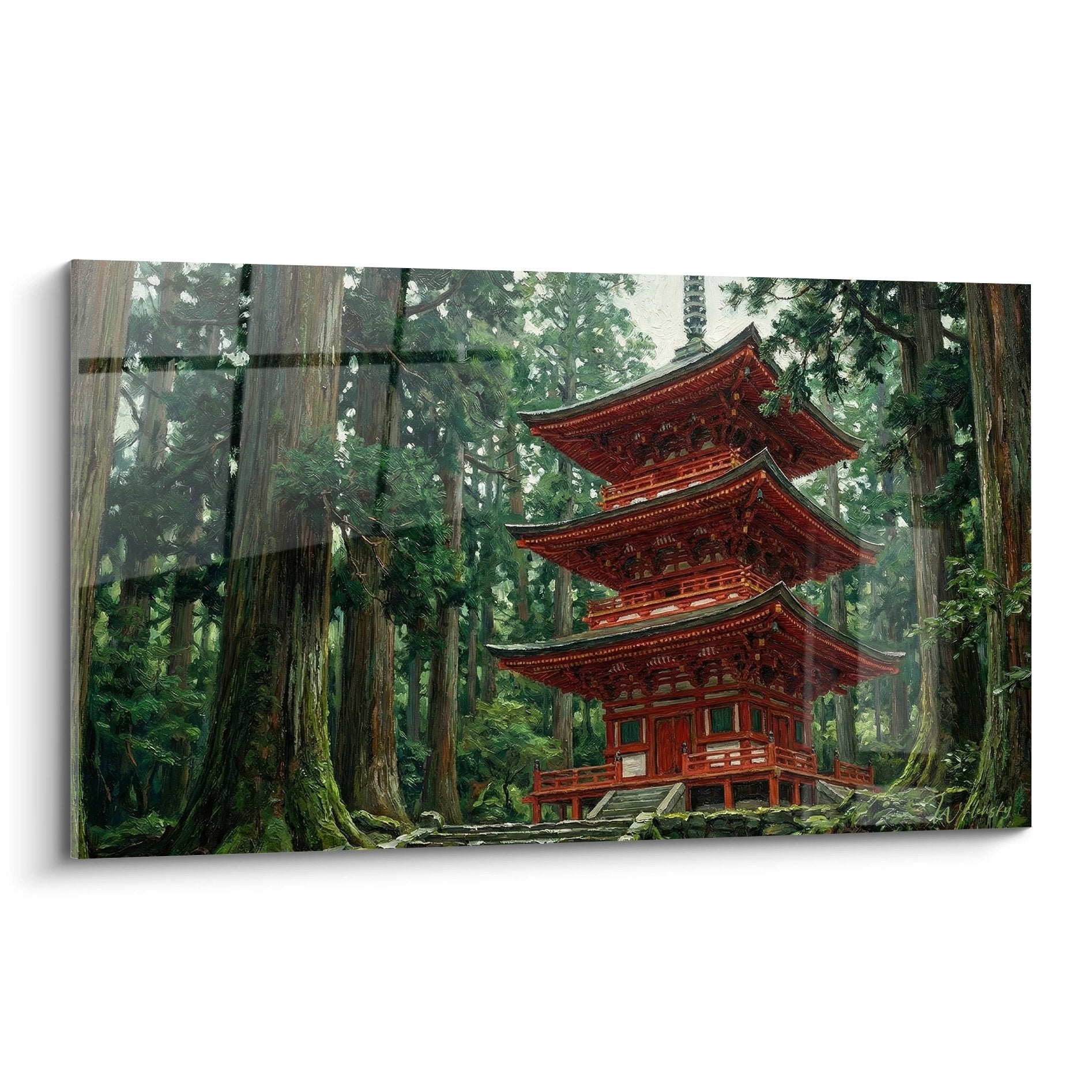 Tableau temple bouddhiste rouge écarlate à trois niveaux dans forêt de cèdres verts avec lumière dorée filtrant