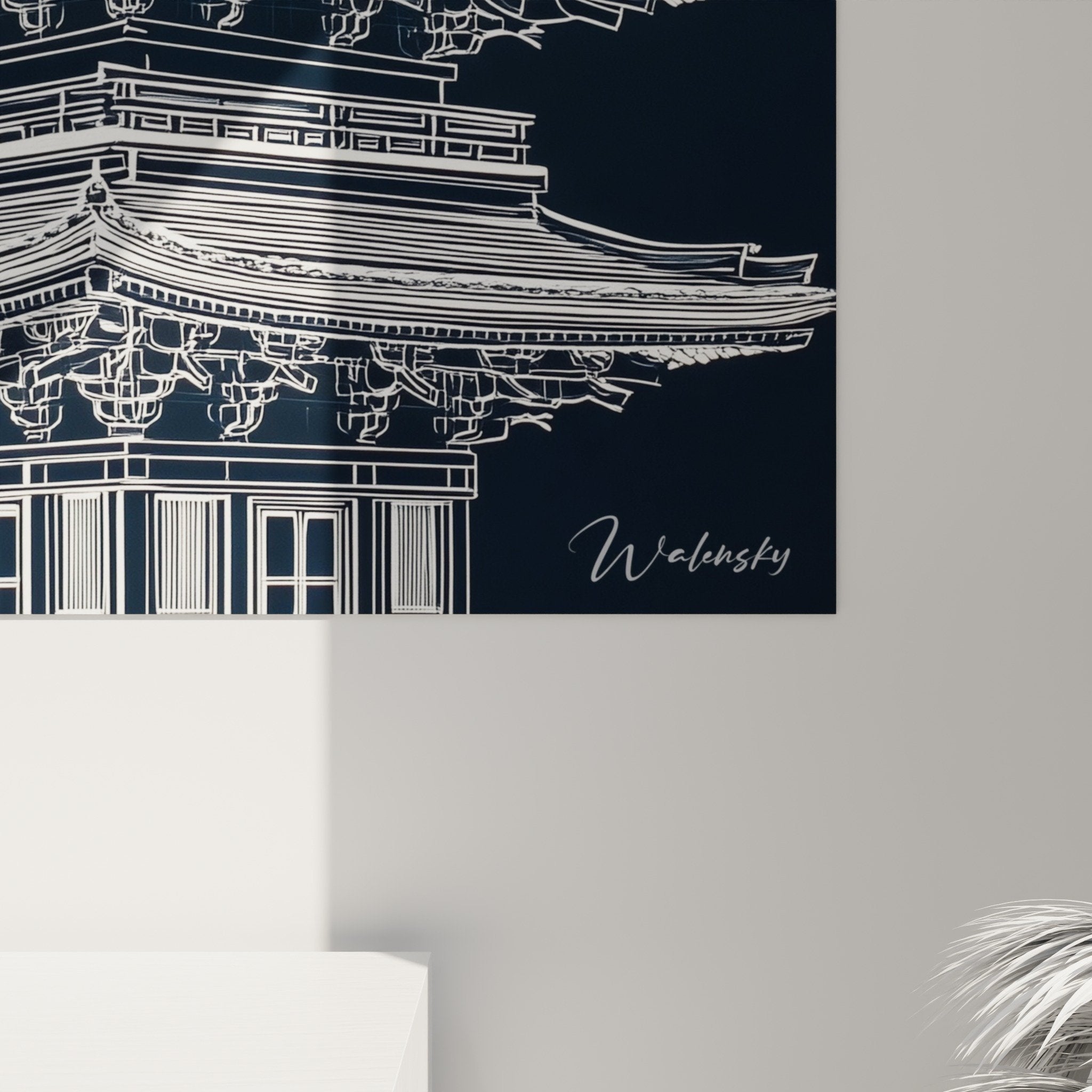 tableau mural pagode temple japonais cinq niveaux dessin architectural blanc bleu nuit