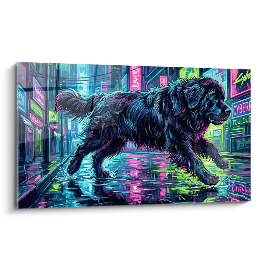 Tableau Chien Noir aux Reflets Violets dans Rue Cyberpunk - Néons Futuristes - Edition Terre Neuve