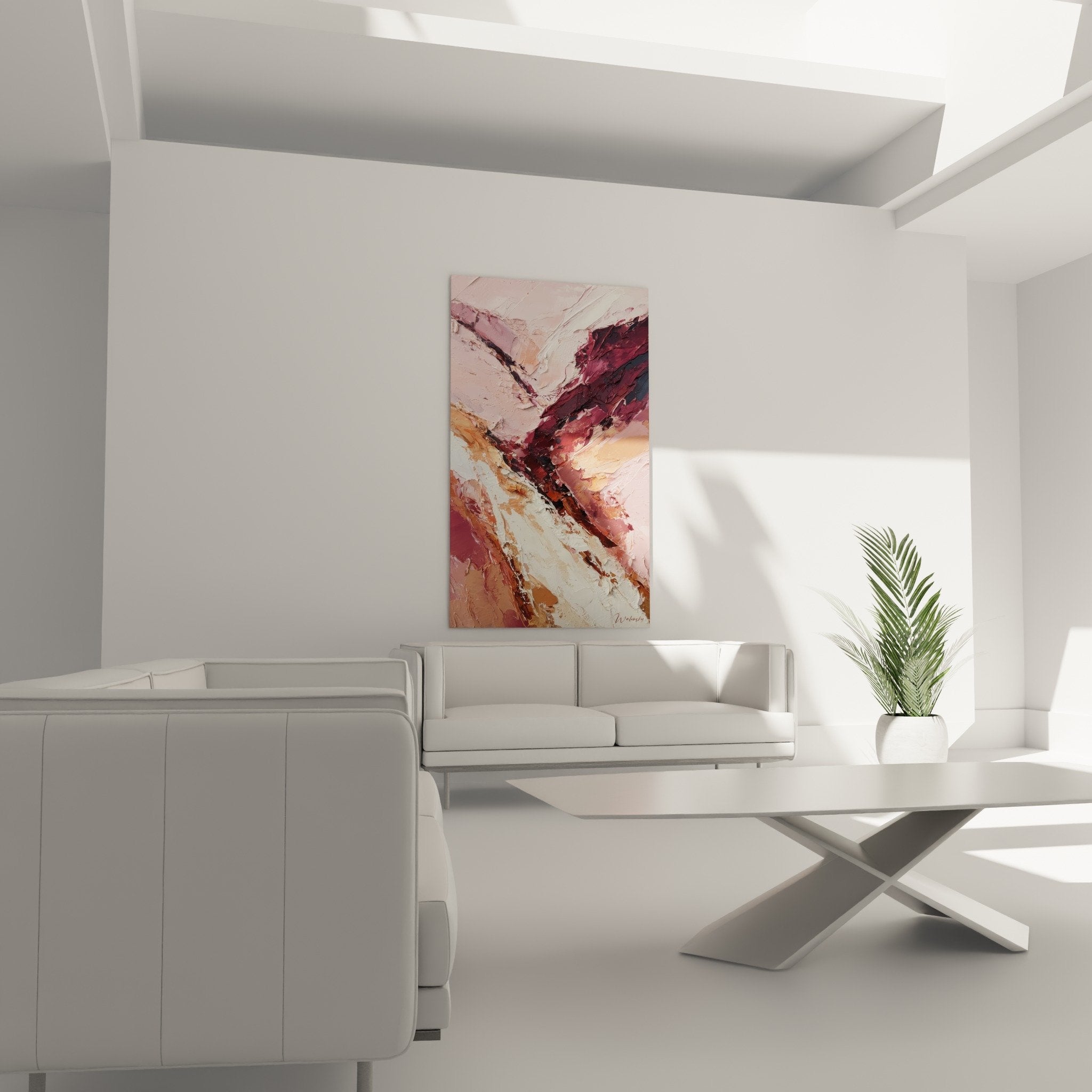 Close-up thick textured abstract pink burgundy painting sculptural relief feng shui earth