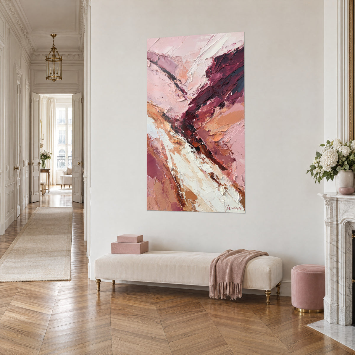 Wall art Palette knife paint pour in deep burgundy and terracotta on a pale pink ground, in a Haussmann-style apartment