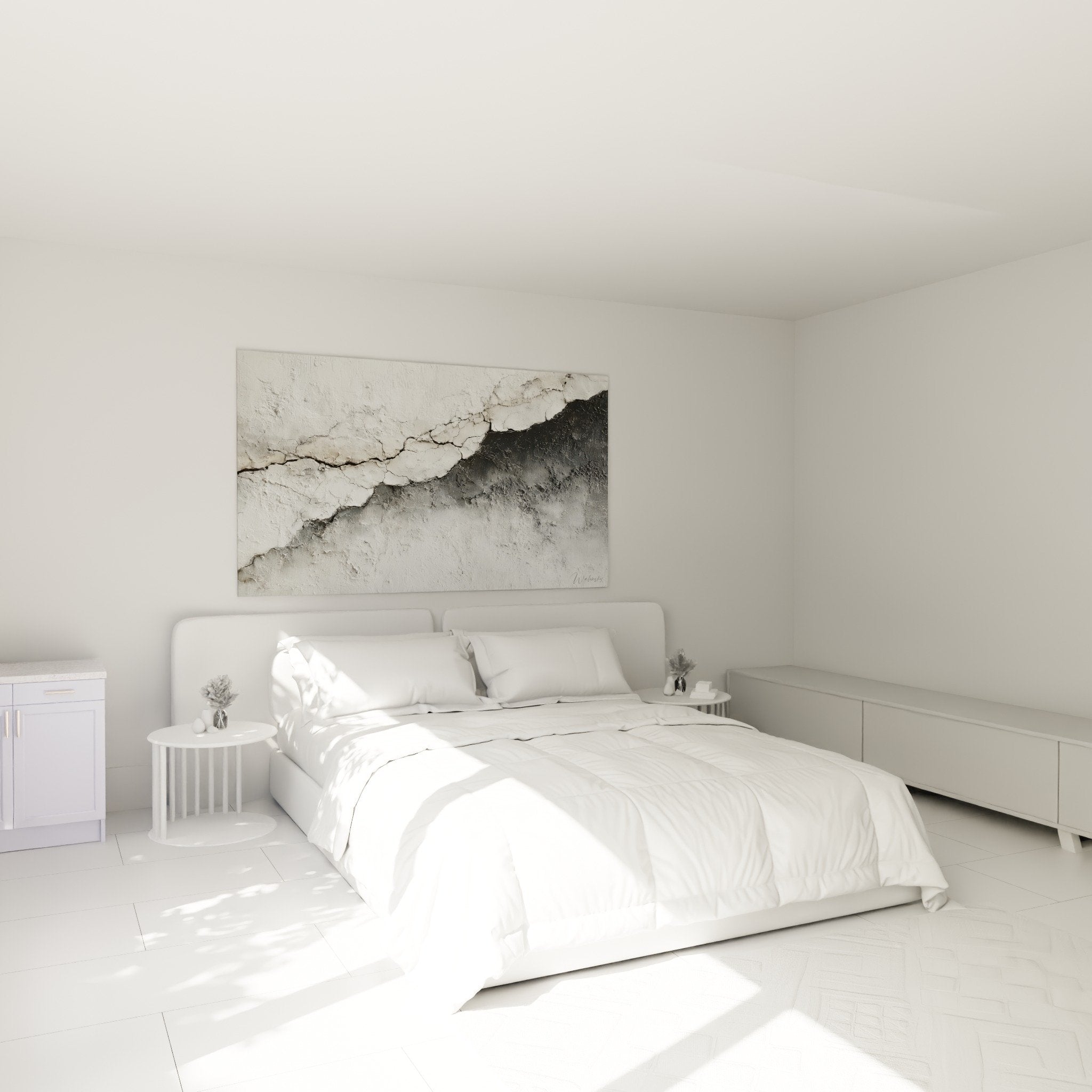 Tableau texture fissurée grise dans chambre moderne avec murs blancs et mobilier contemporain