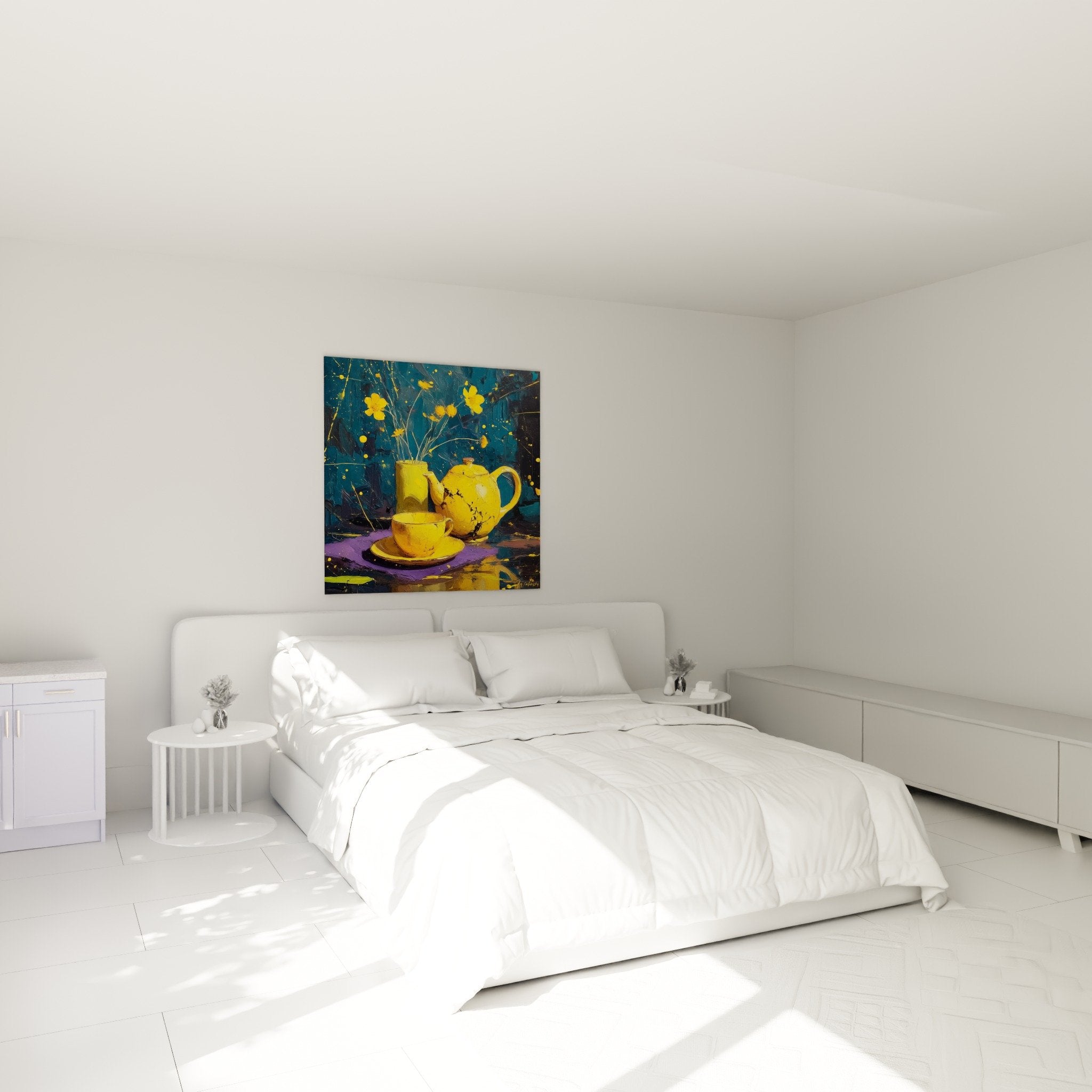 Expressionist golden teapot in modern bedroom with blue and yellow paint splashes