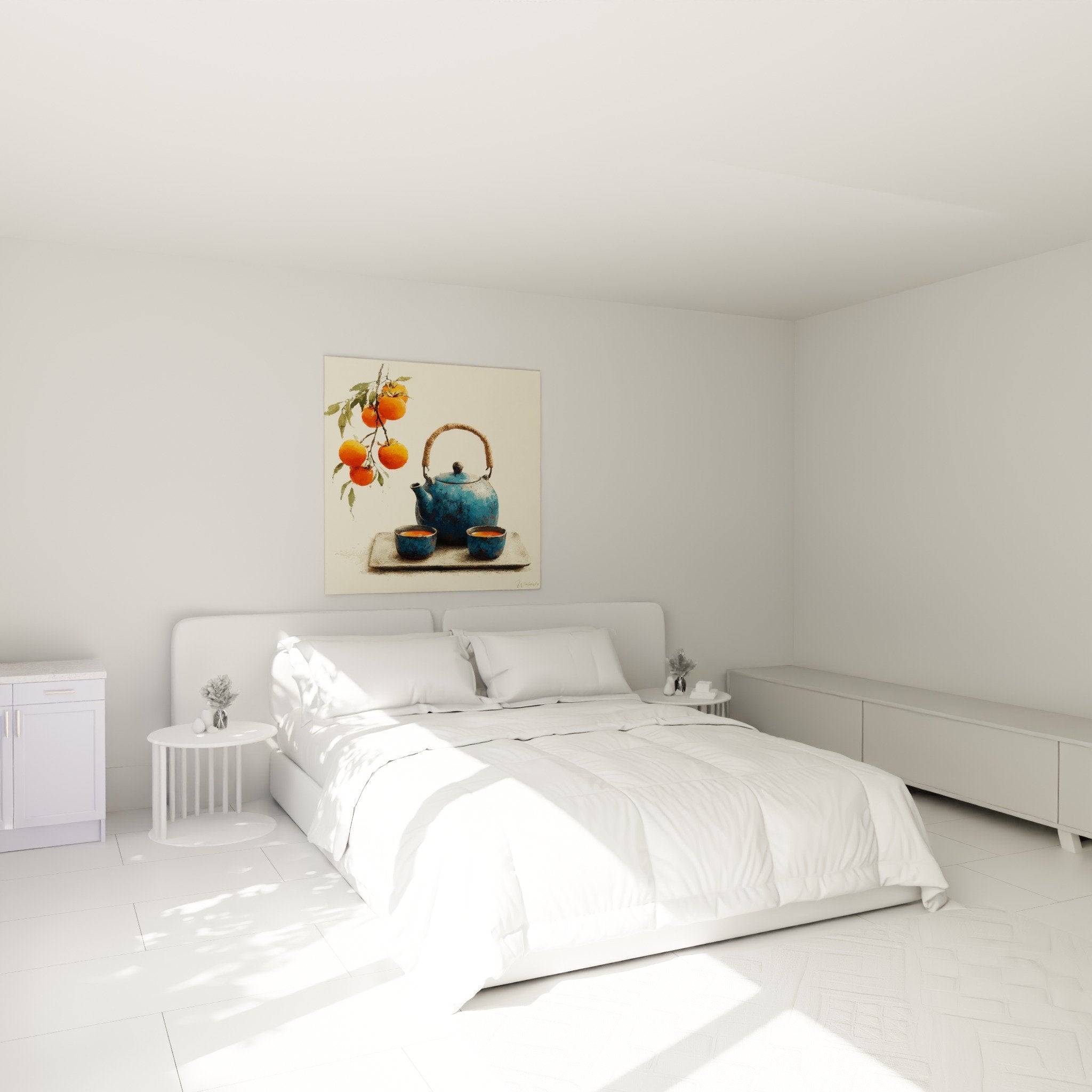 blue Japanese teapot wall art bedroom zen décor orange tones