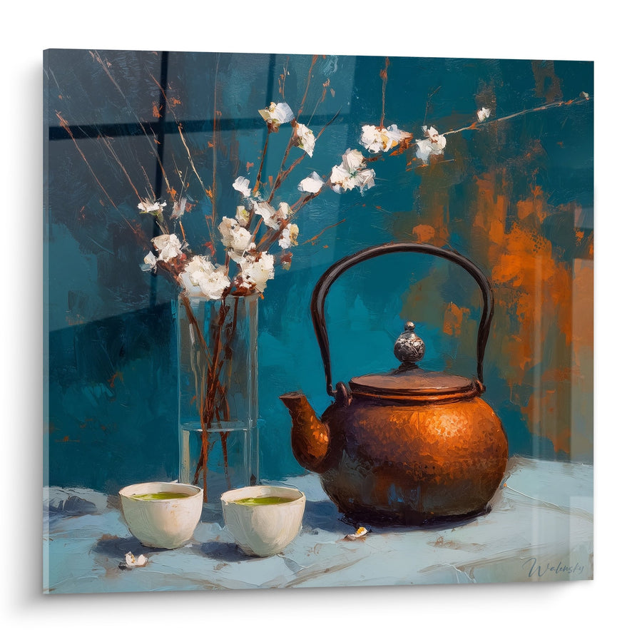 Tableau nature morte avec service à thé traditionnel et branches fleuries sur fond turquoise - Art du thé - Edition théière japonaise
