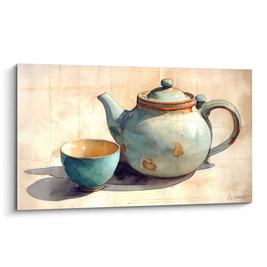 Schilderij theepot blauw turquoise en kopje aquarel op crème achtergrond - Oosterse sereniteit - Editie Japanse theepot