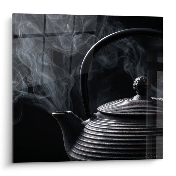 Tableau théière en céramique foncée avec vapeur argentée et motifs circulaires - Tradition fumante - Edition théière japonaise