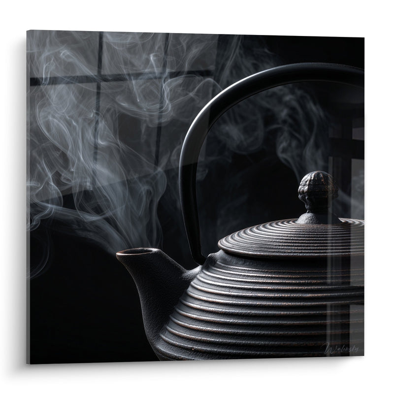 Tableau théière en céramique foncée avec vapeur argentée et motifs circulaires - Tradition fumante - Edition théière japonaise